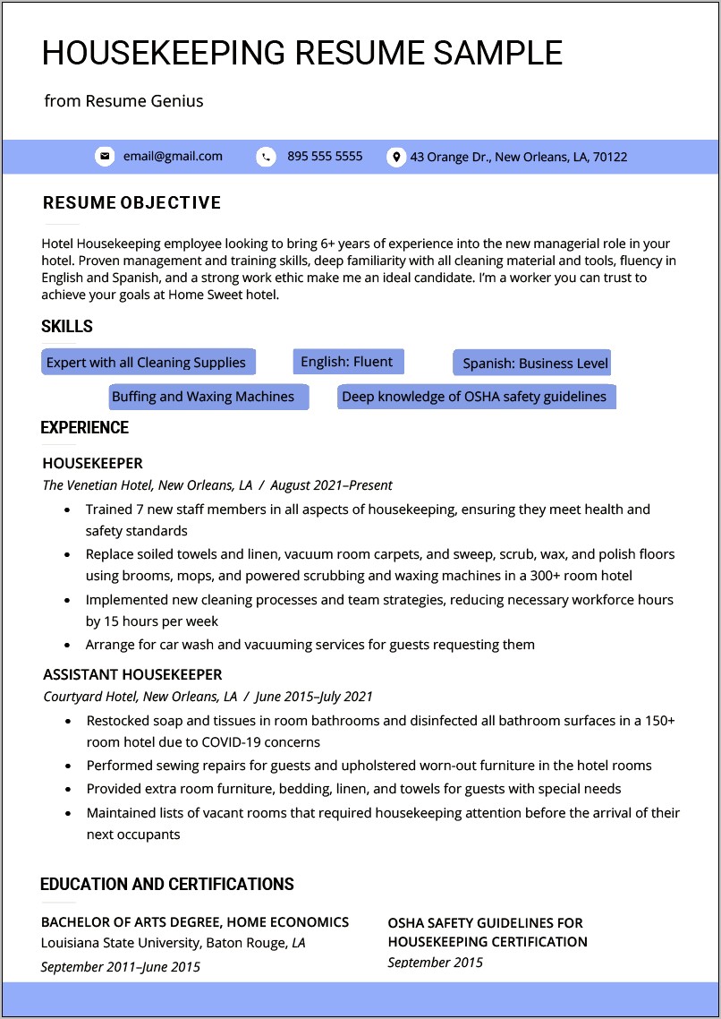 Objectives For Cleaning Lady Resume