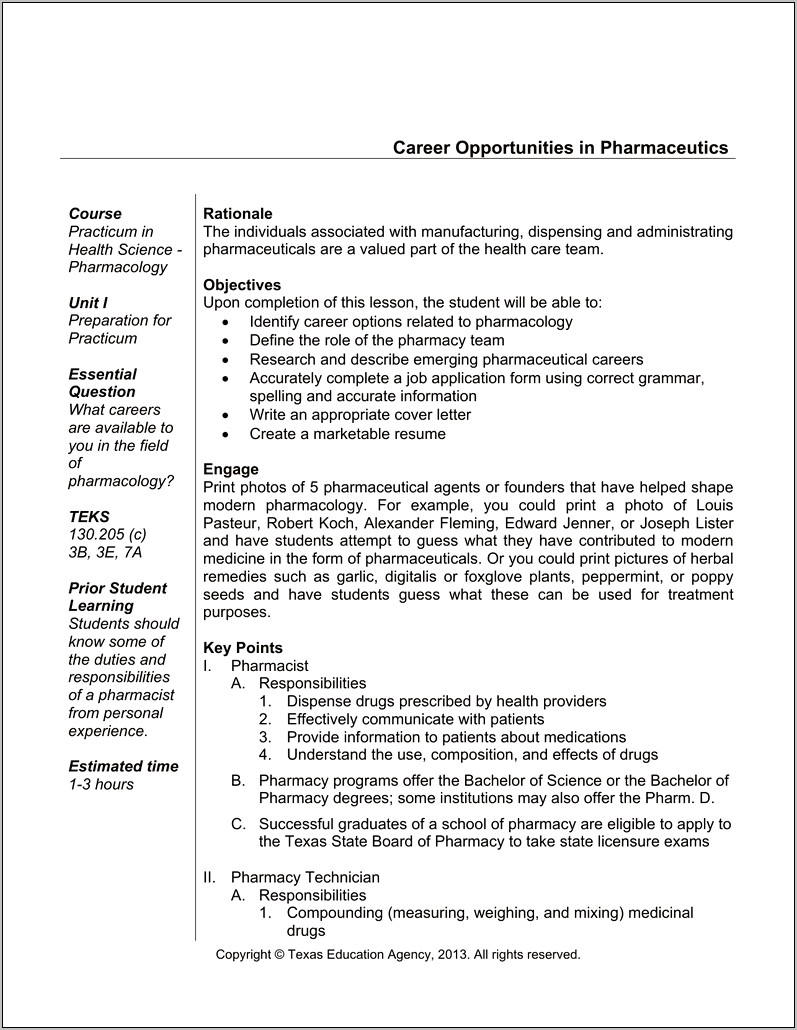 Objectives For Resume For Pharmacist