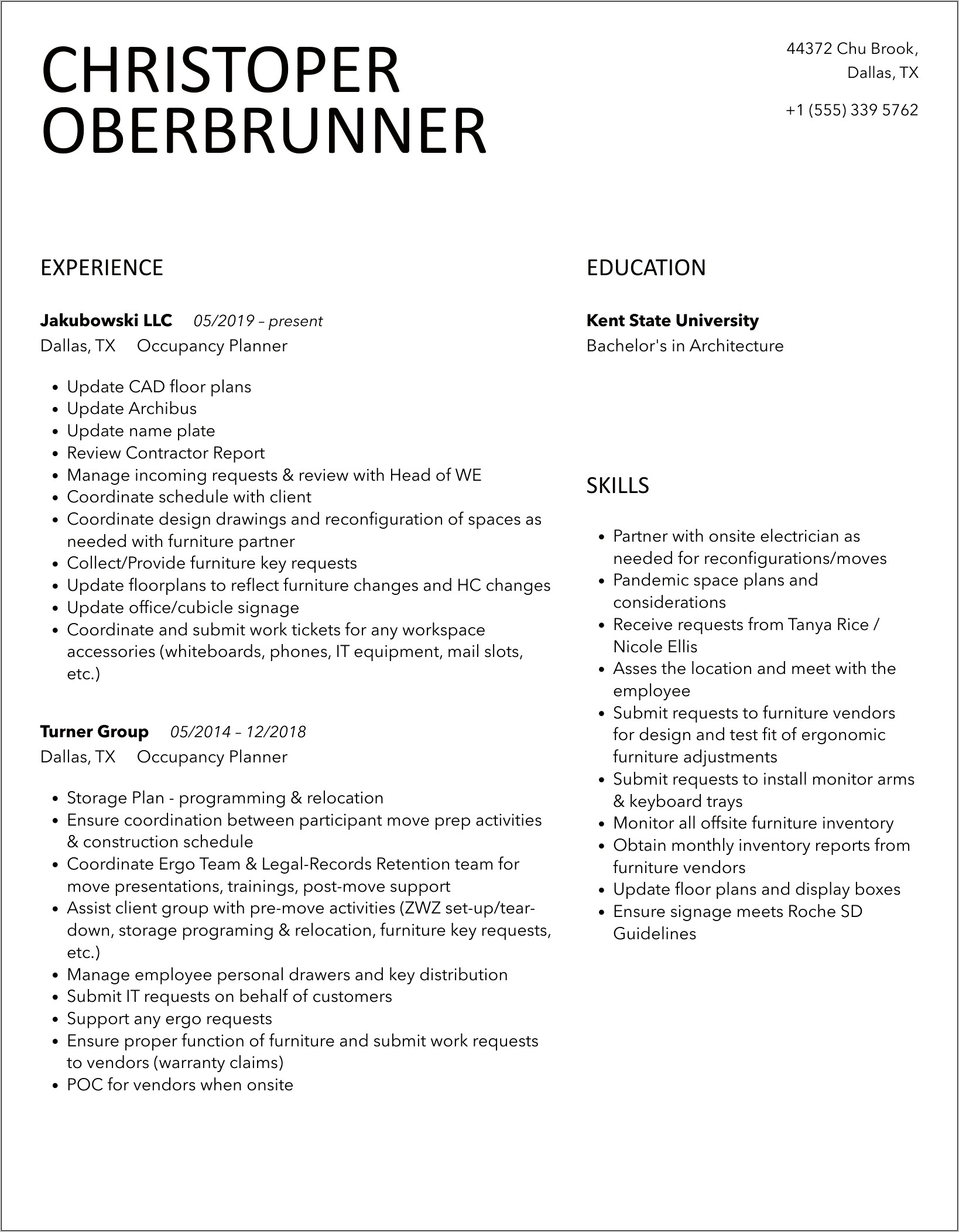Occupancy Planner Job Summary Resume
