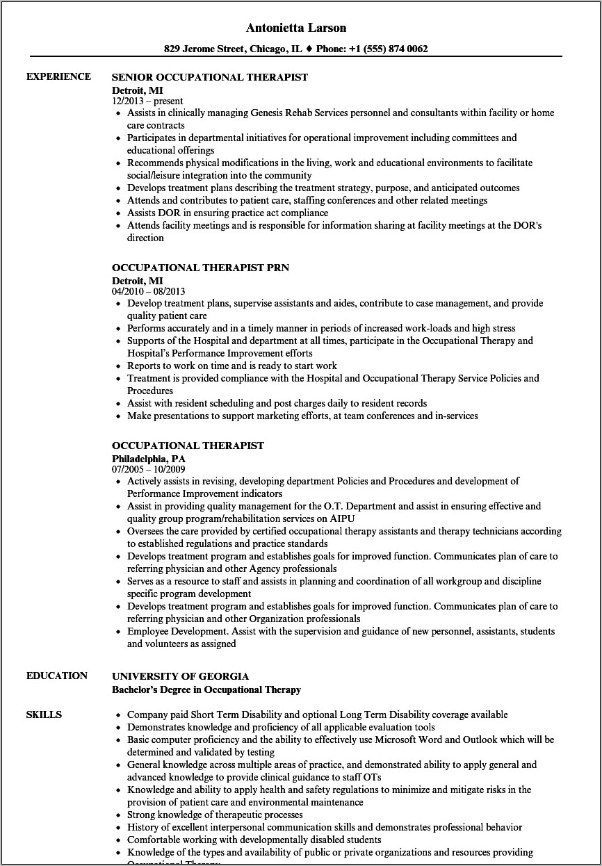 Occupational Therapy Application Resume Example