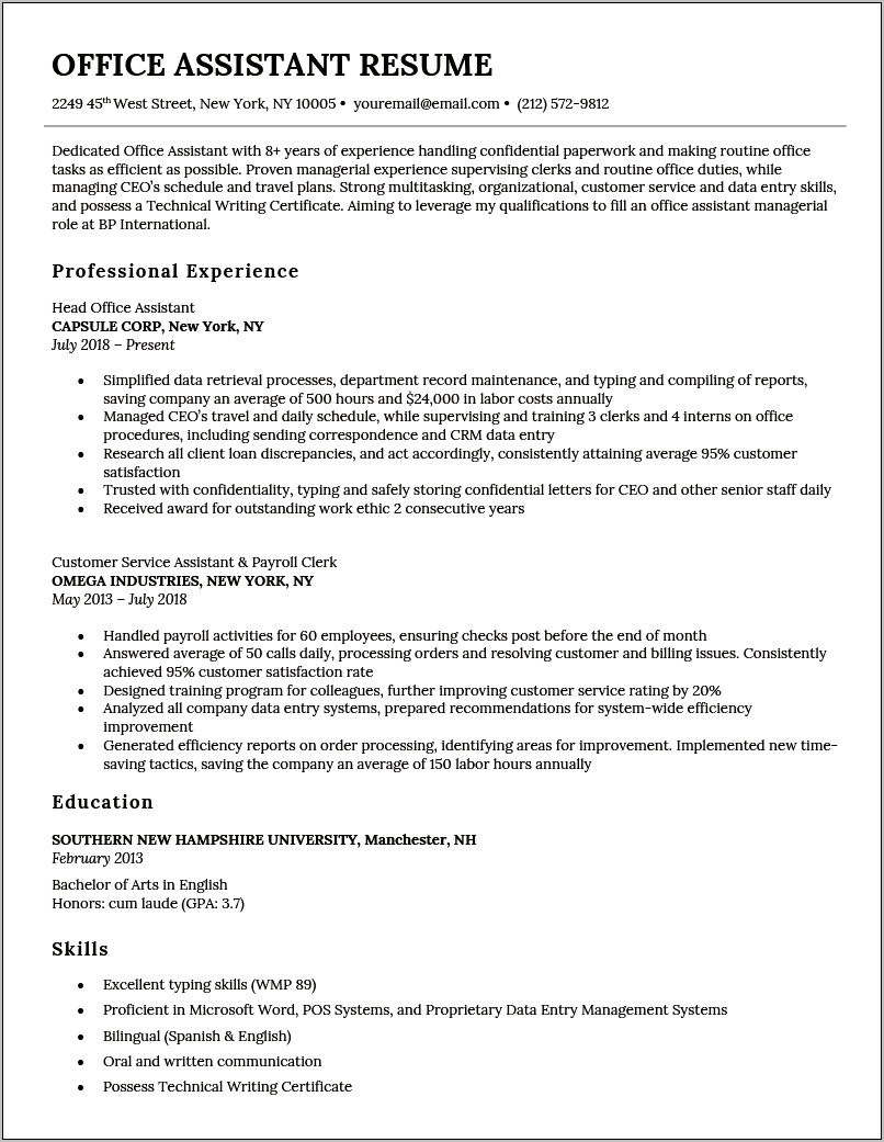 Office Manager Position Description Resume