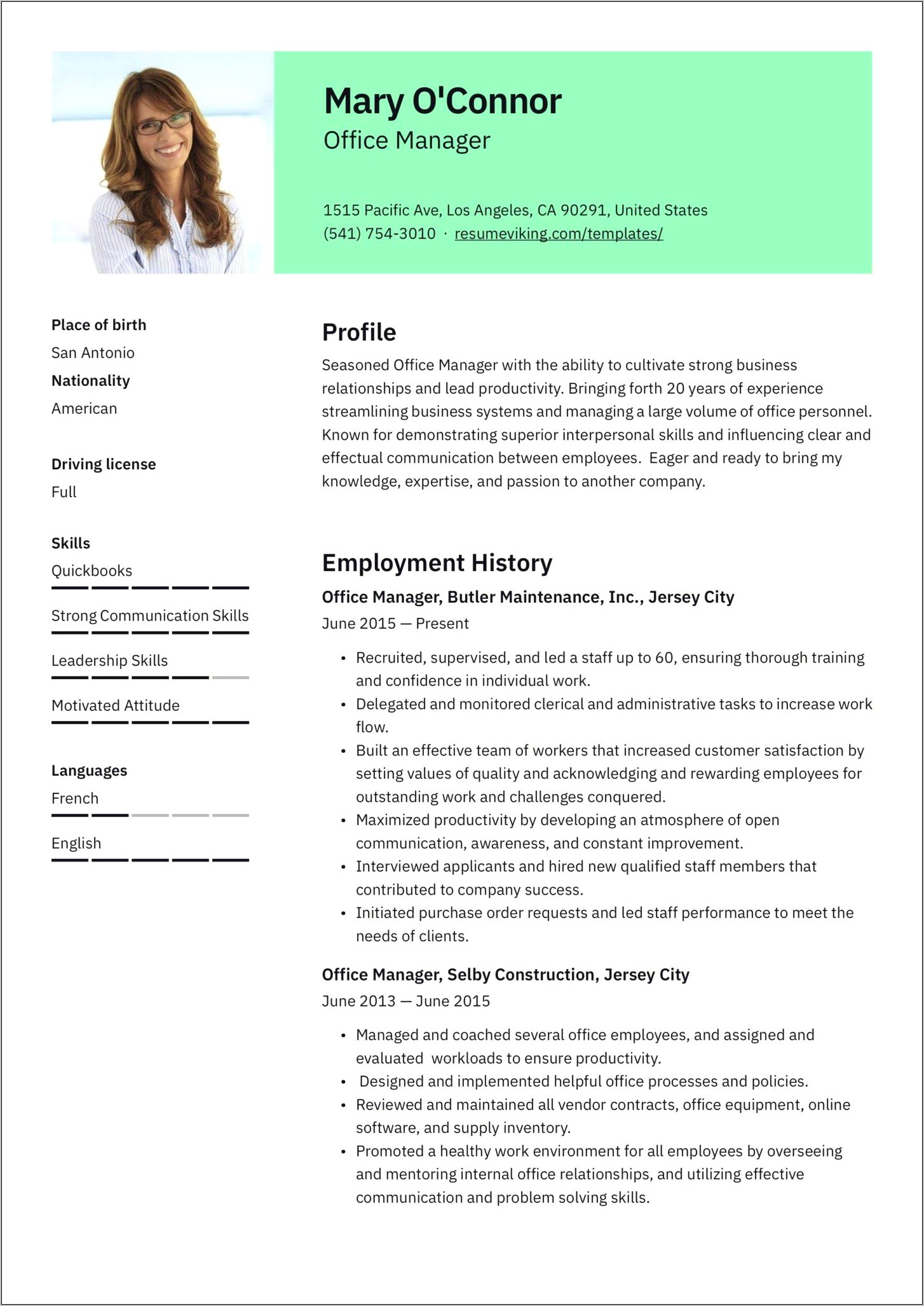 Office Manager Resume Summary Sample