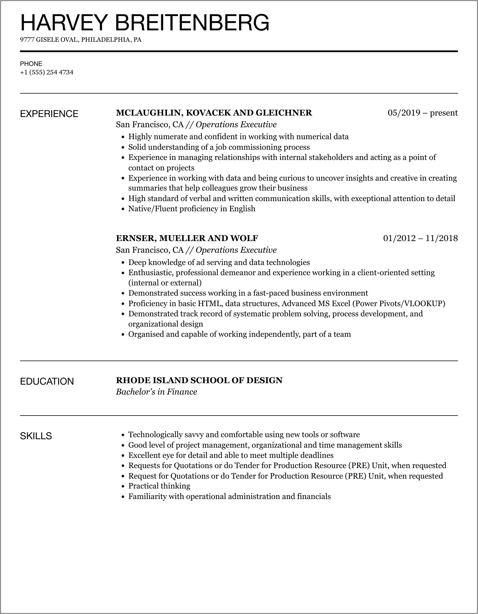 Operation Executive Job Description Resume