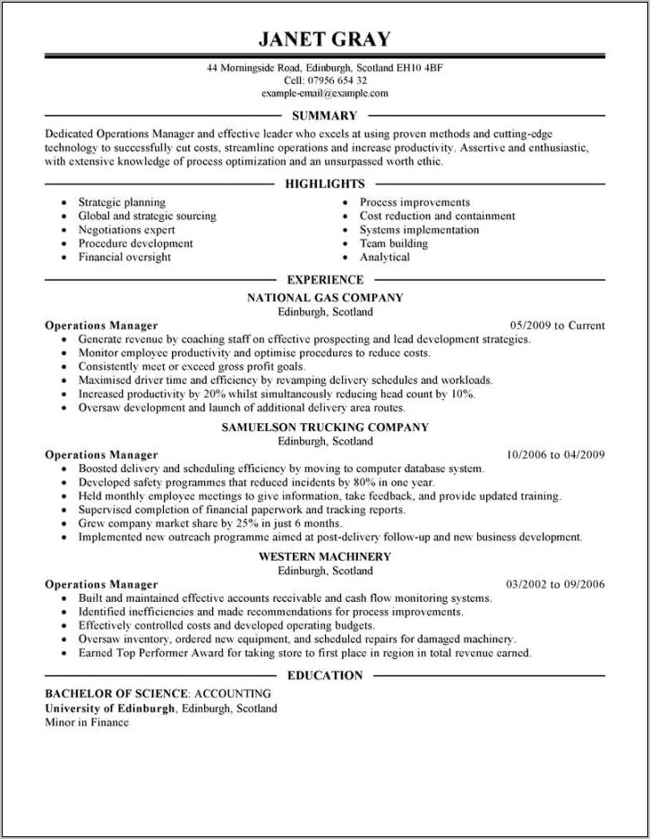 Operations Manager Description For Resume