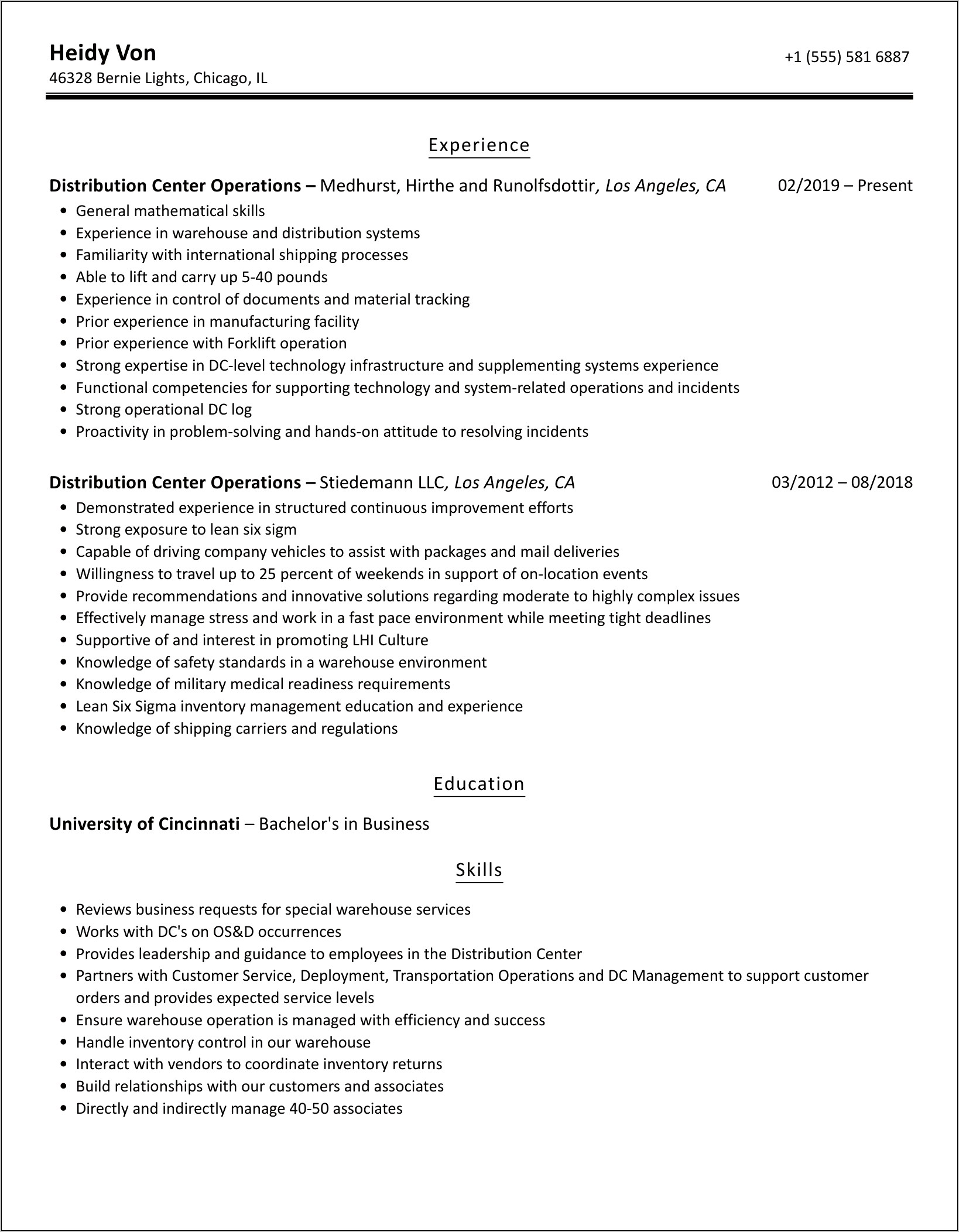 Operations Manager Distribution Center Resume