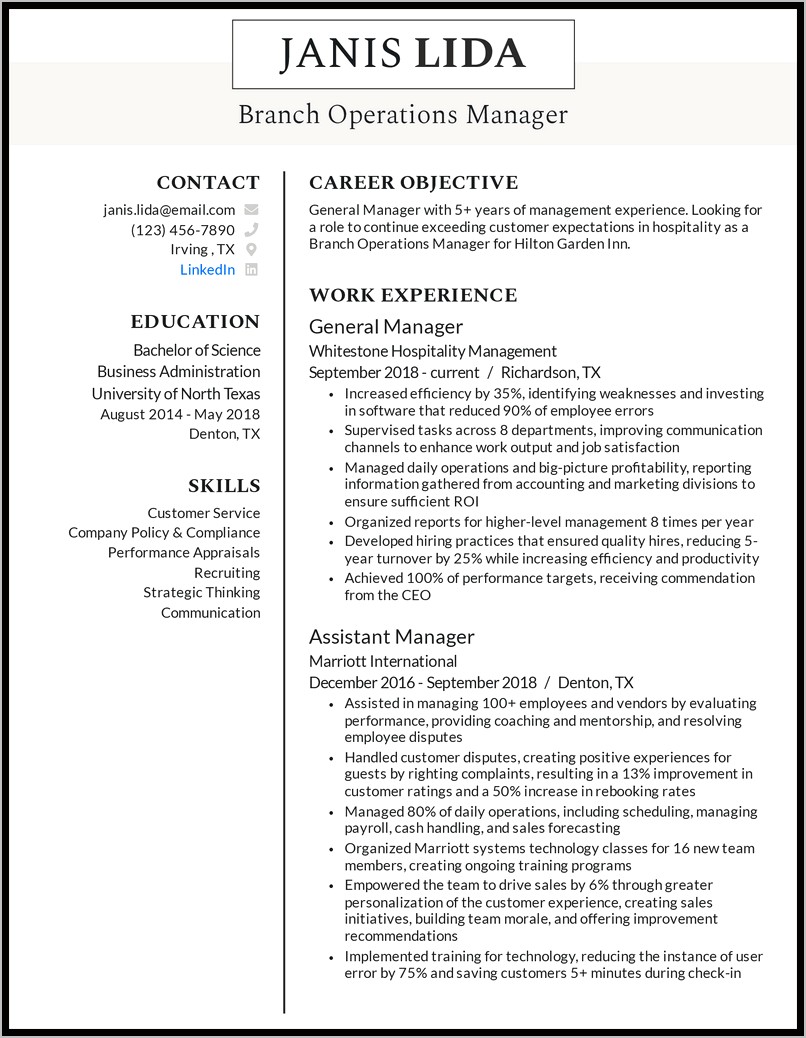 Operations Manager Key Skills Resume