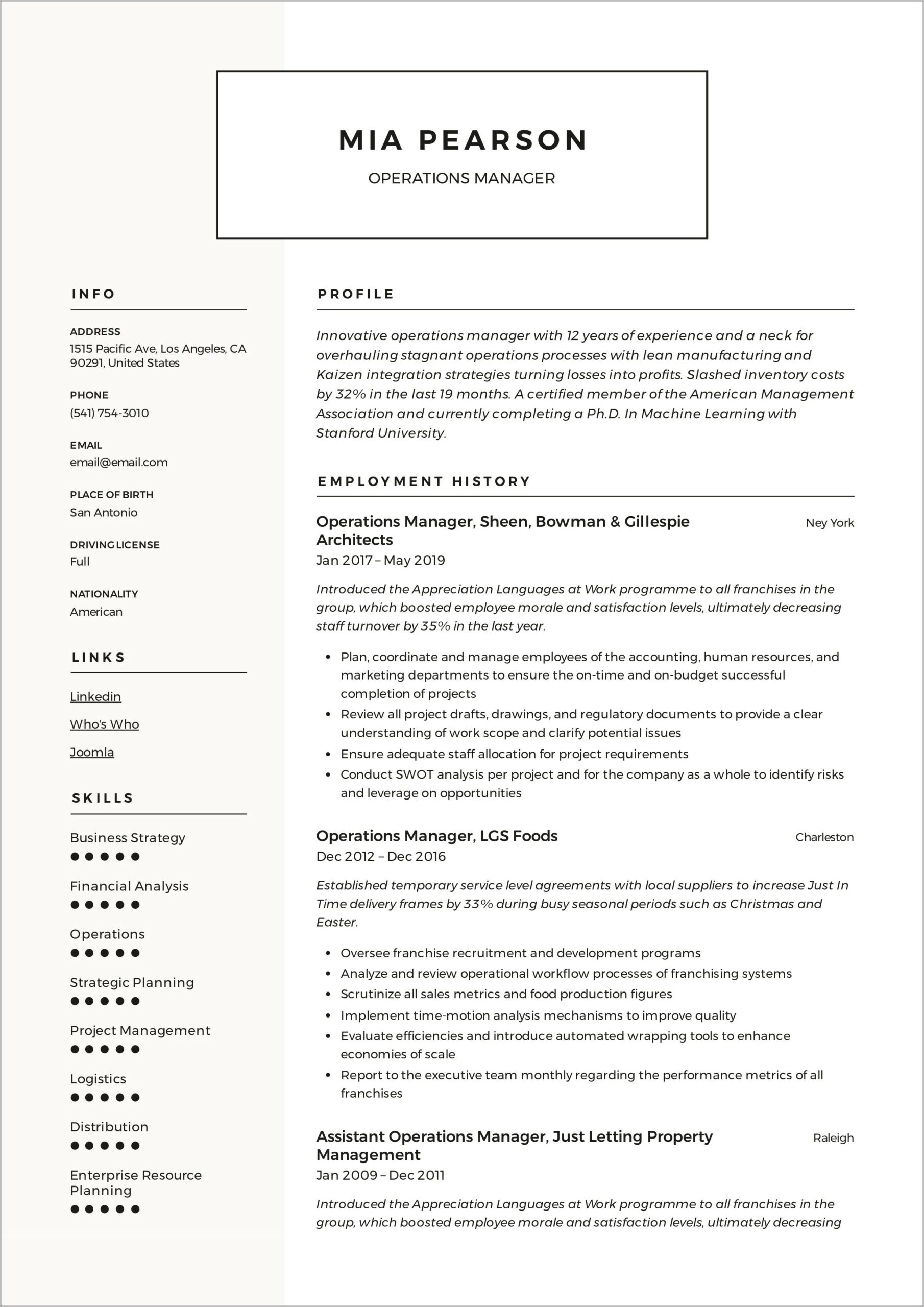 Operations Resource Management Resume Example