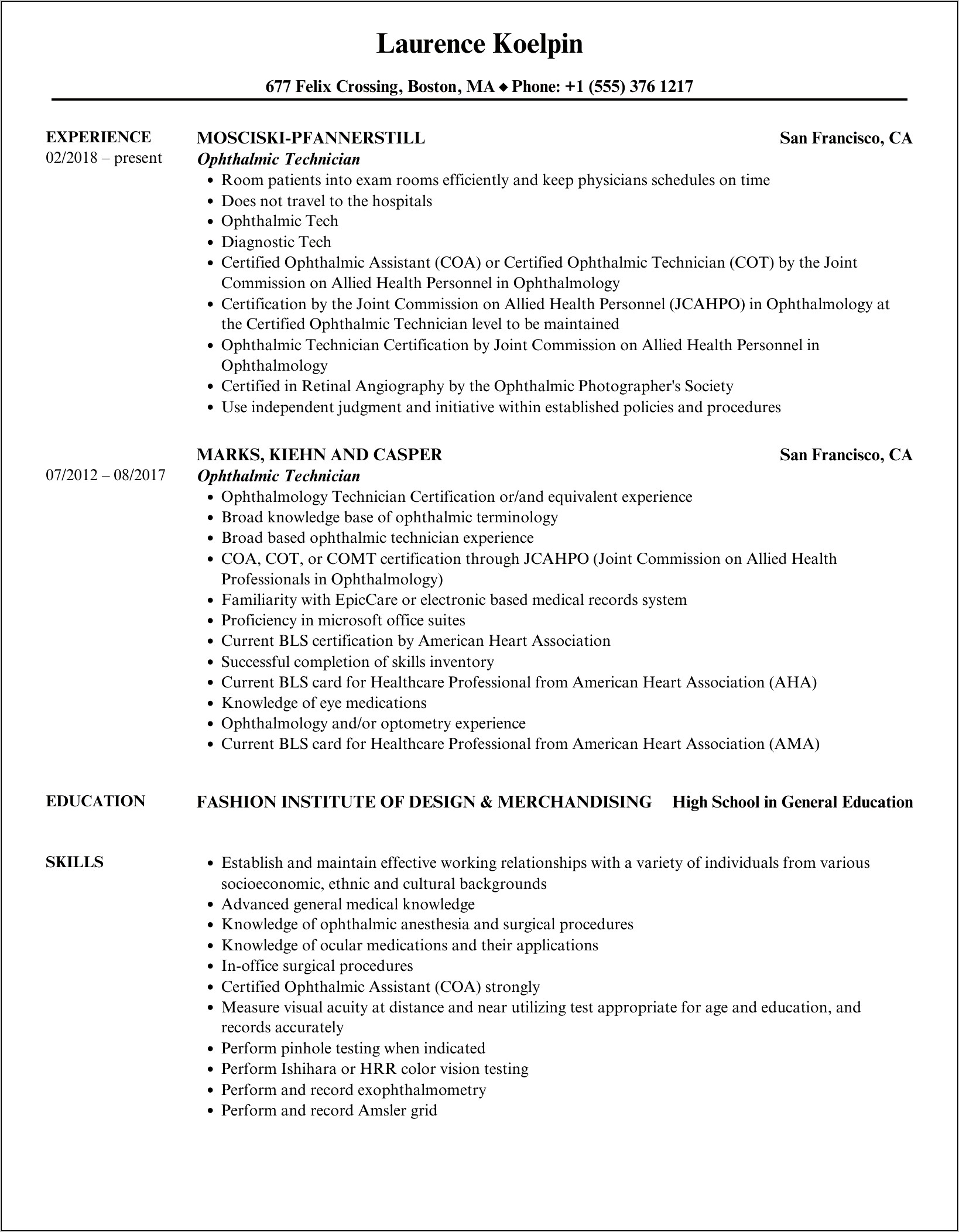 Ophthalmic Technician Job Description Resume