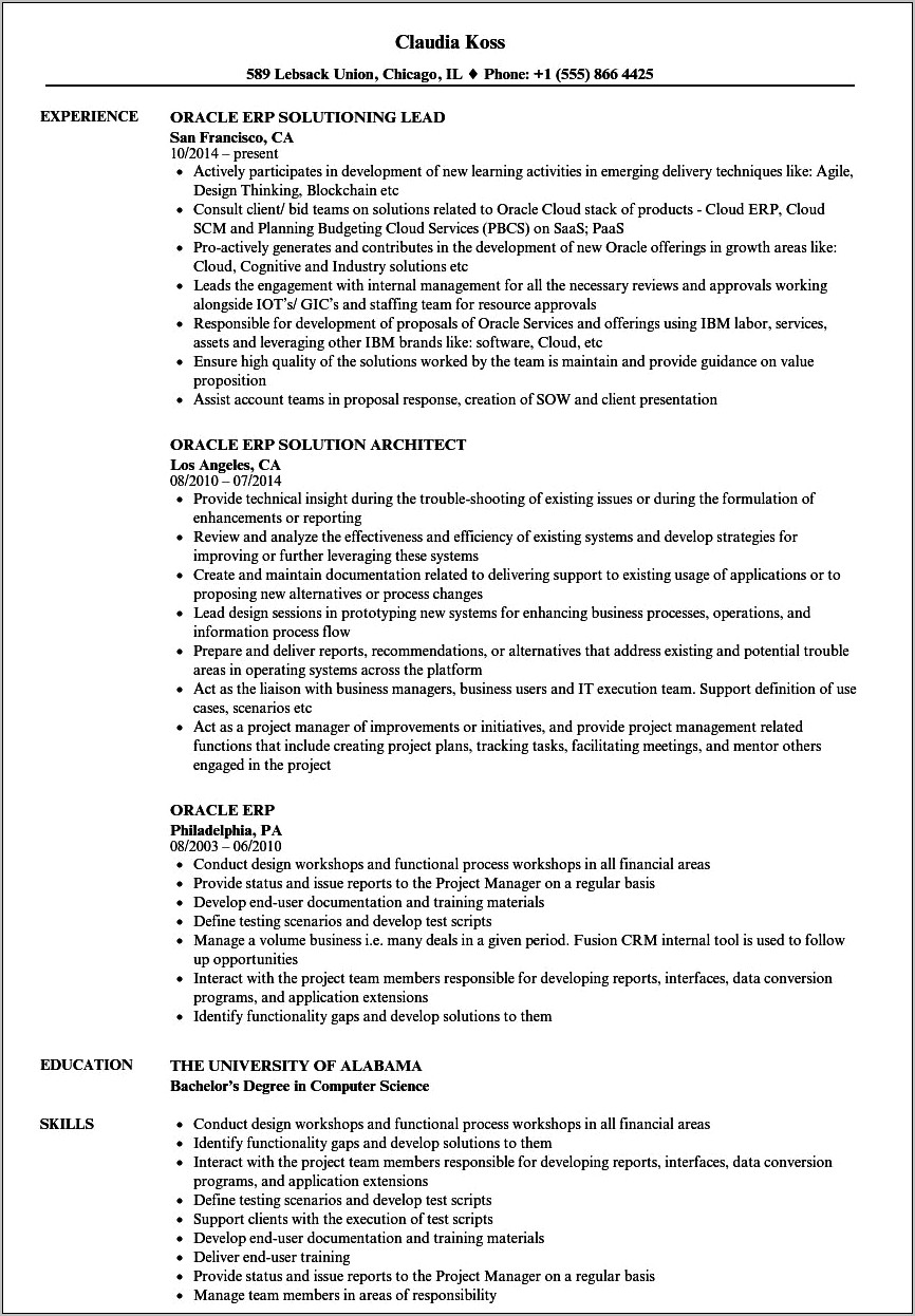 Oracle Financials R12 Sample Resume