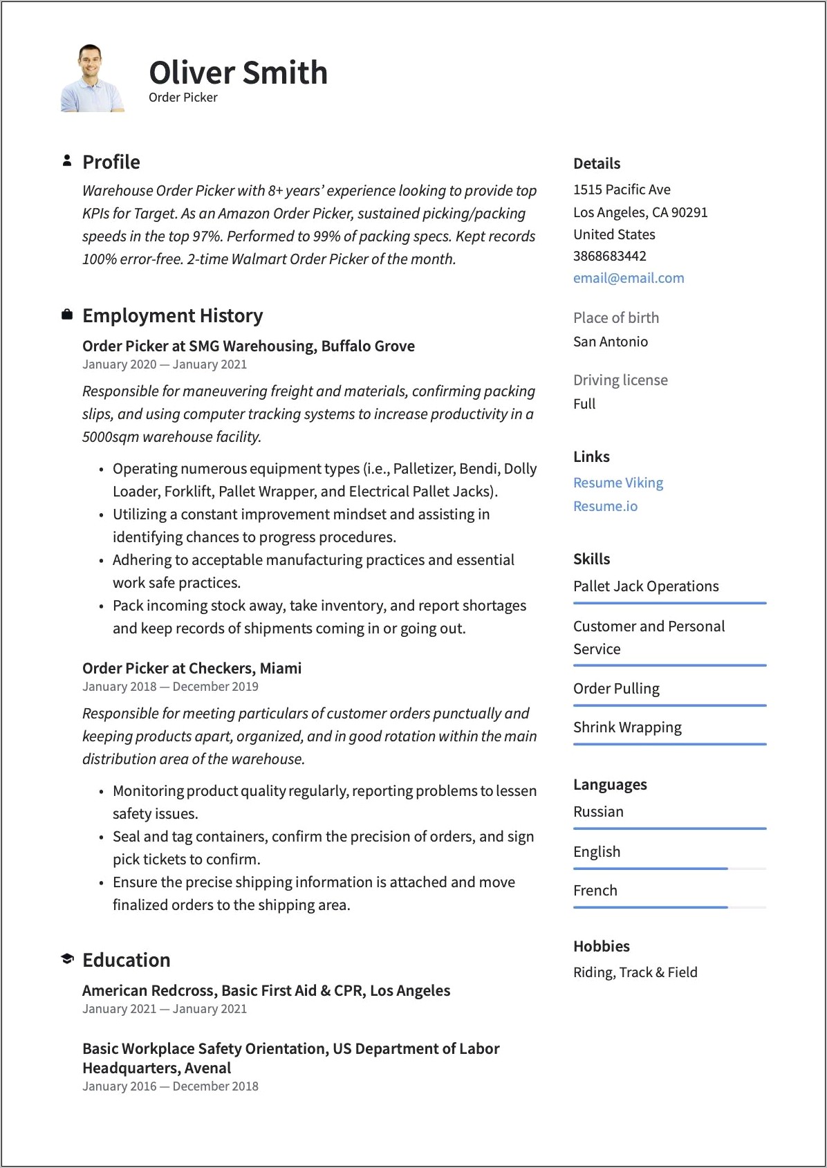 Order Selector Job Description Resume