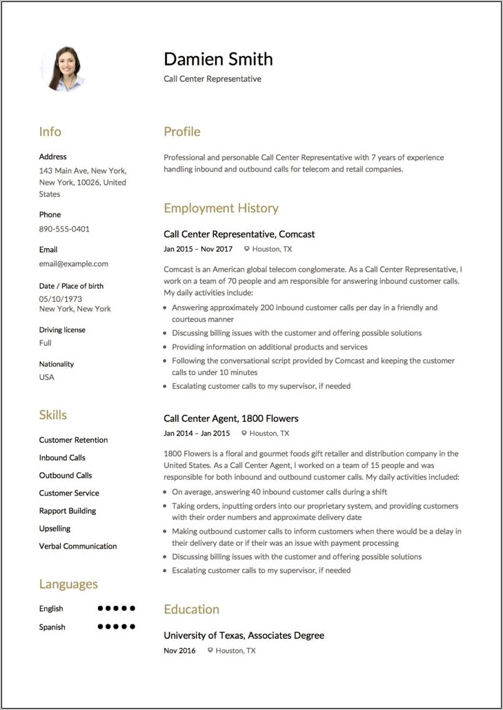 Outbound Call Center Resume Example