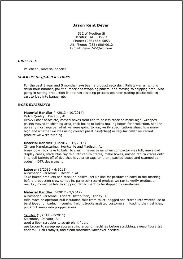 Palletizer Job Description For Resume