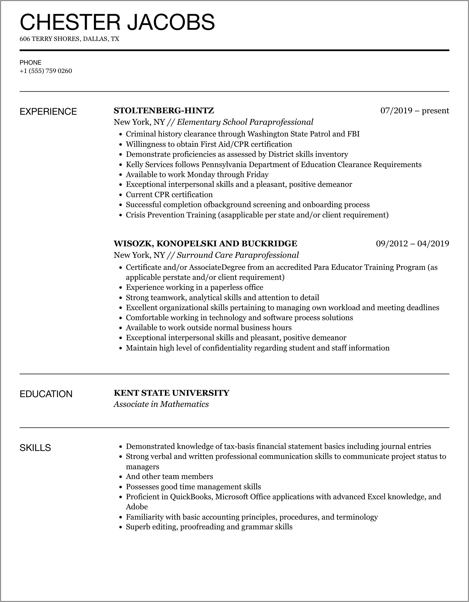 Paraprofessional Resume After First Job