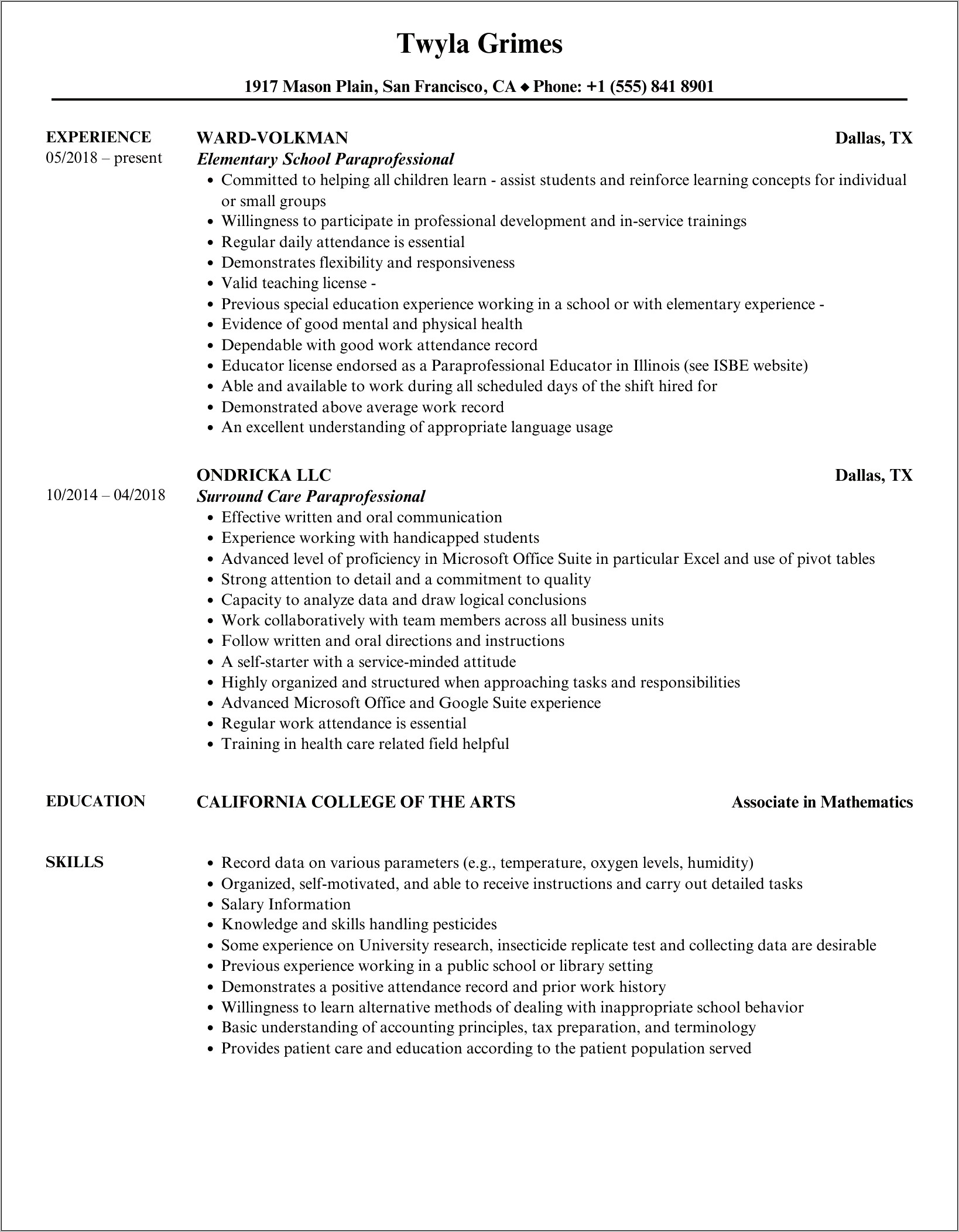 Paraprofessional Resume No Experience Objective
