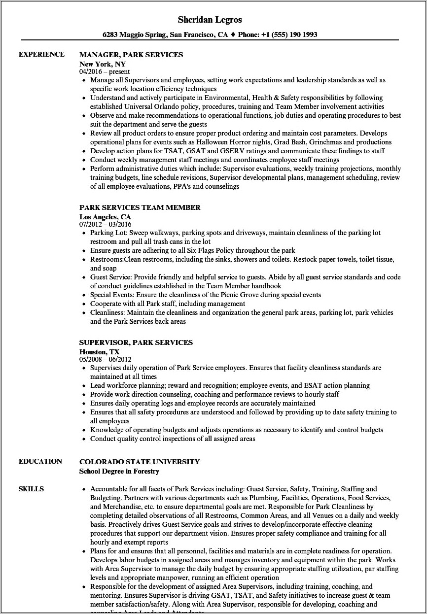 Park Naturalist Job Description Resume