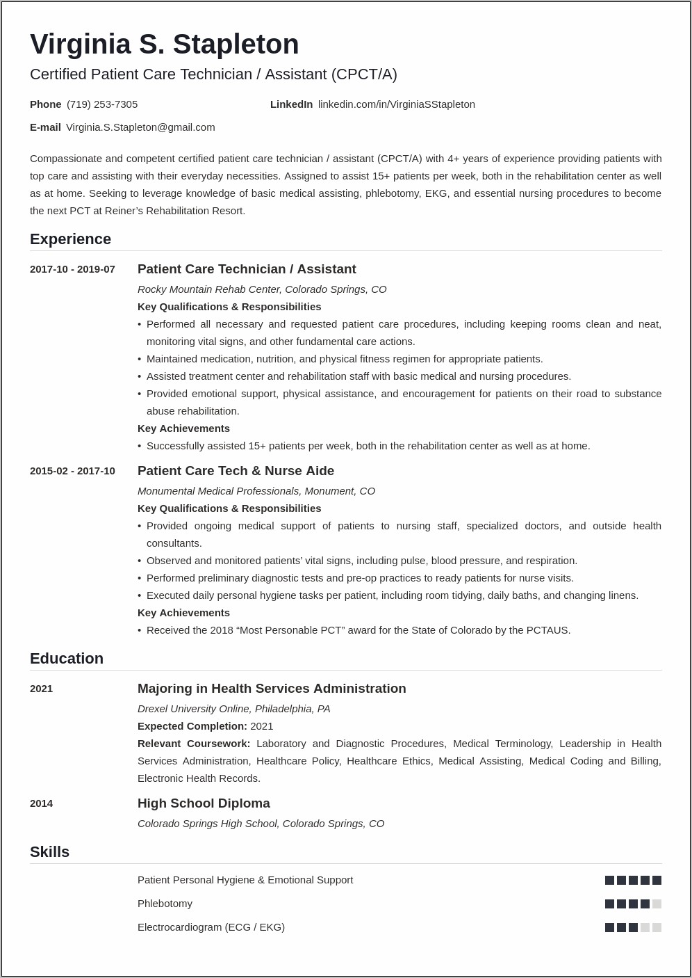Patient Care Tech Resume Example