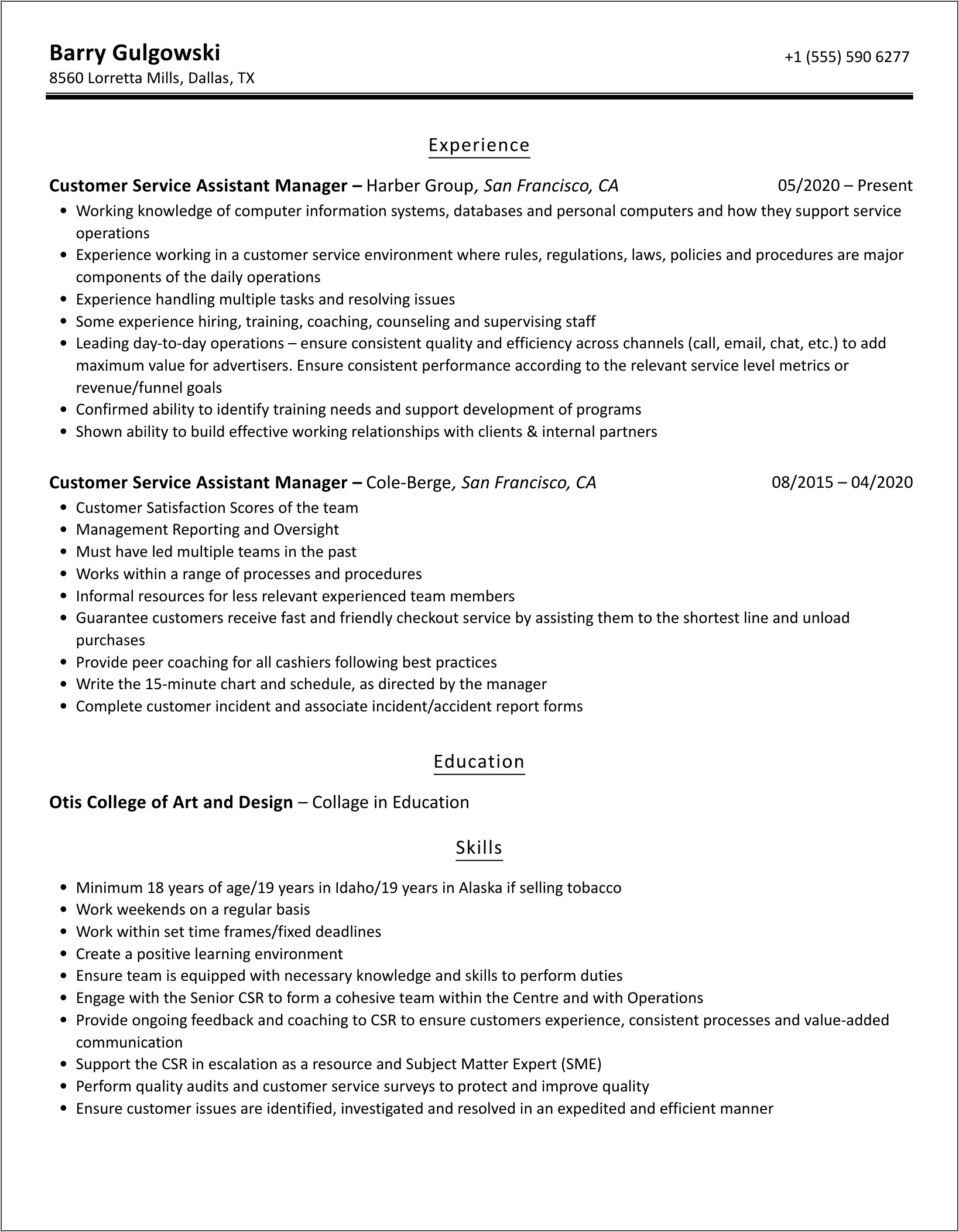 Pawn Shop Store Manager Resume
