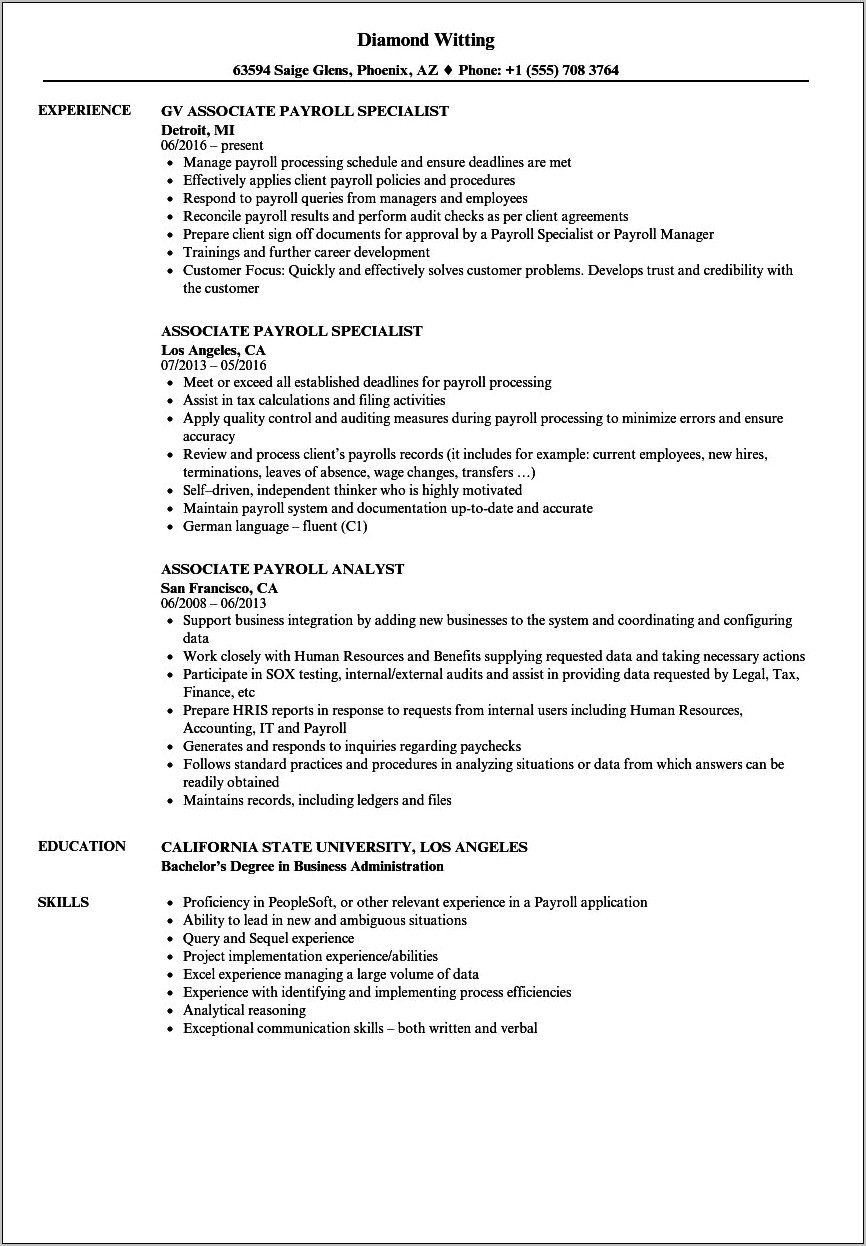 Payroll Specialist Job Description Resume