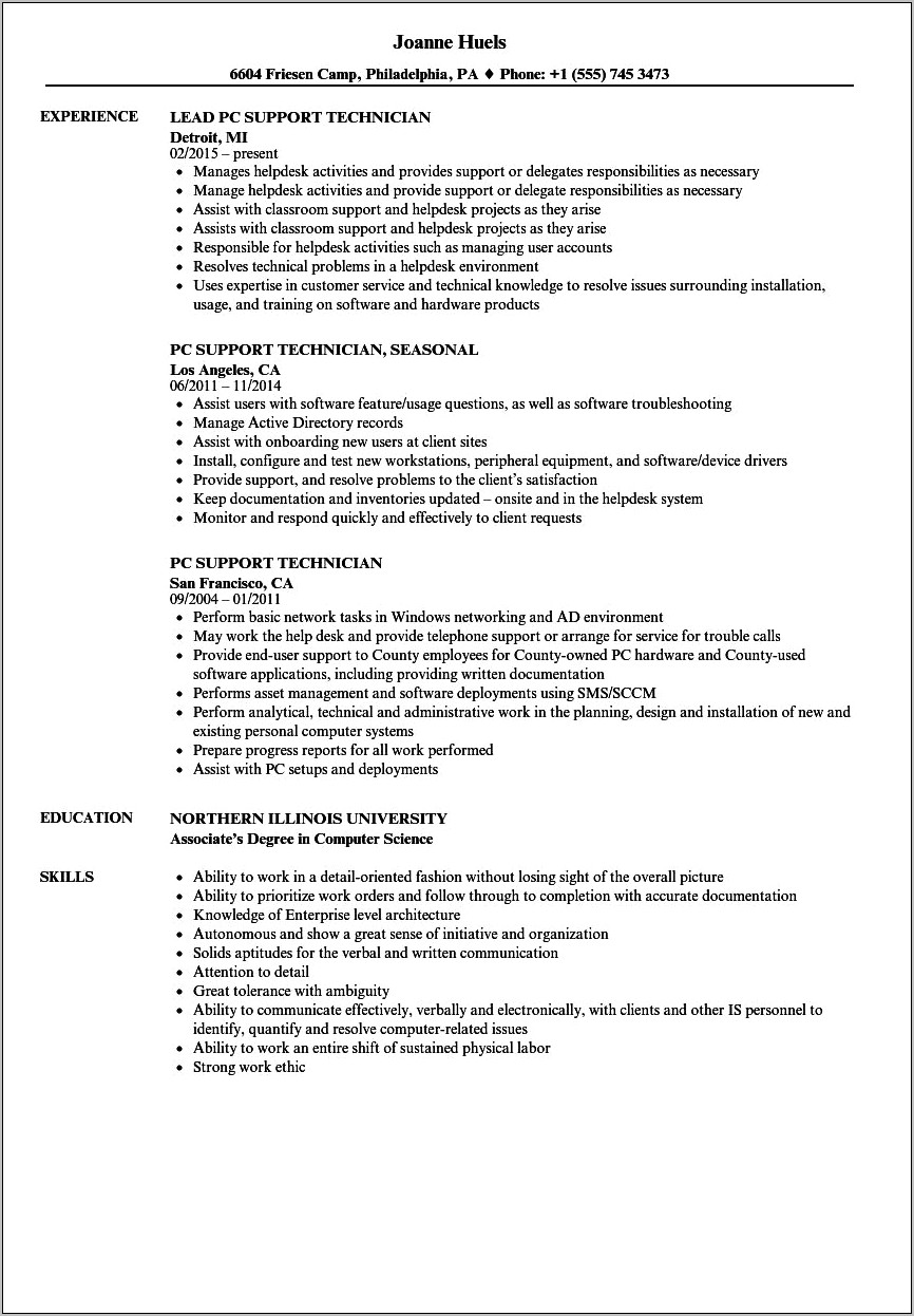 Pc Support Technician Resume Objective