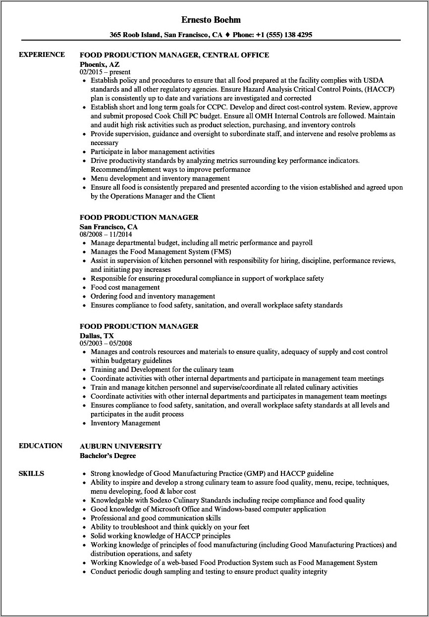 Perfect Resume For Production Manager