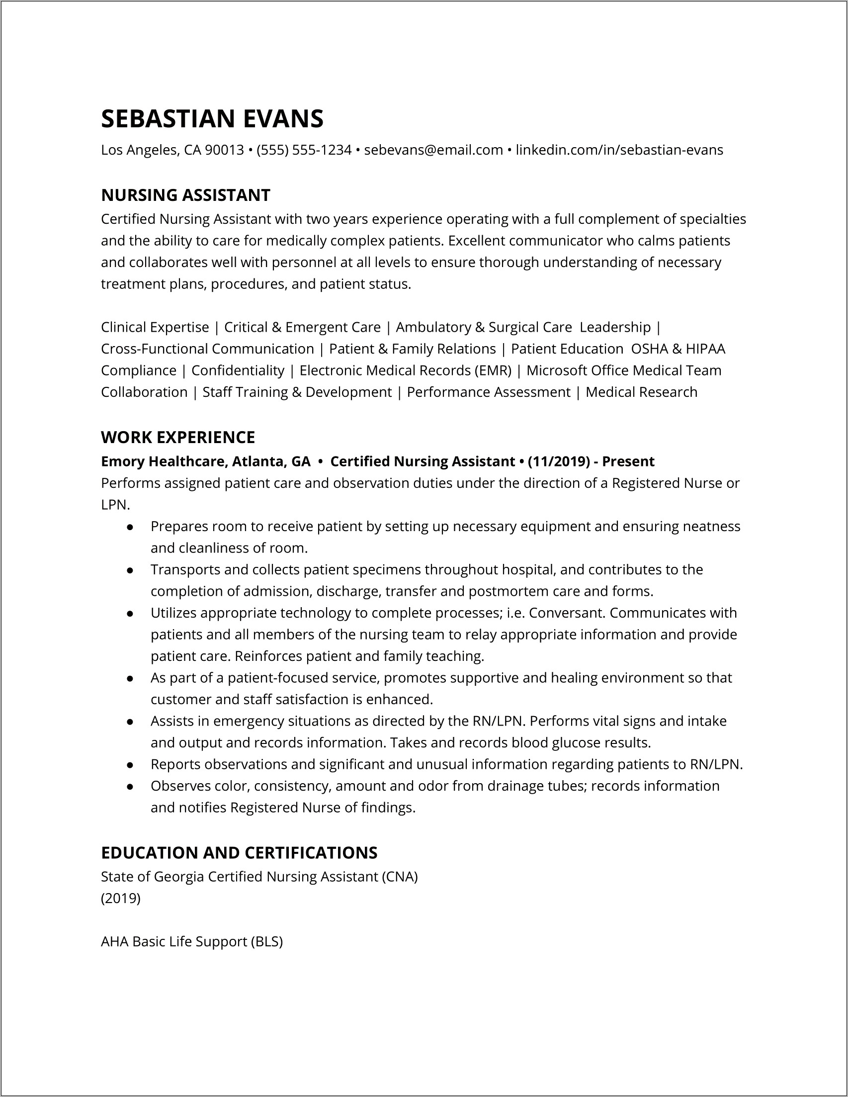 Personal Care Aassistant Job Resume