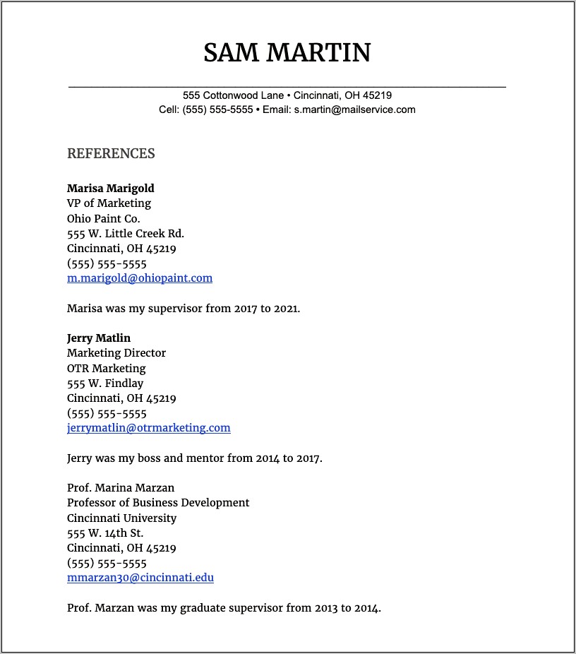 Personal Reference Example For Resume