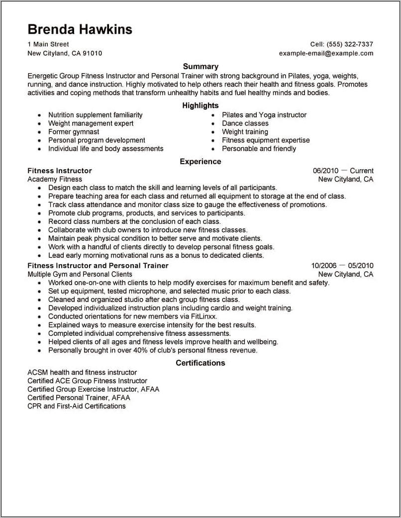 Personal Trainer Job Description Resume