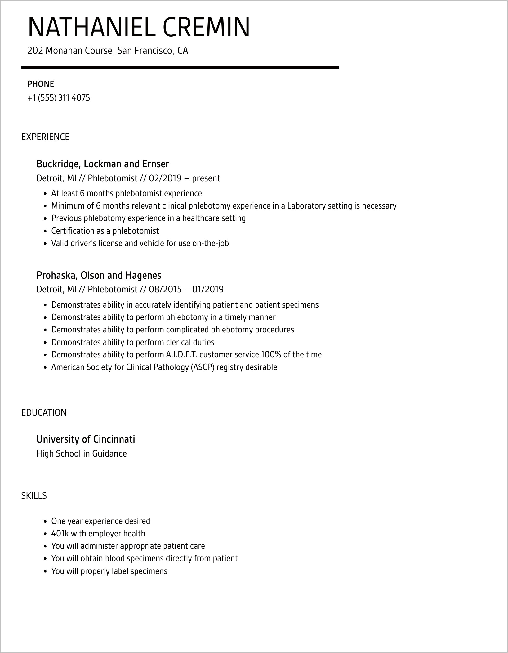 Phlebotomy Resume Cover Letter Examples
