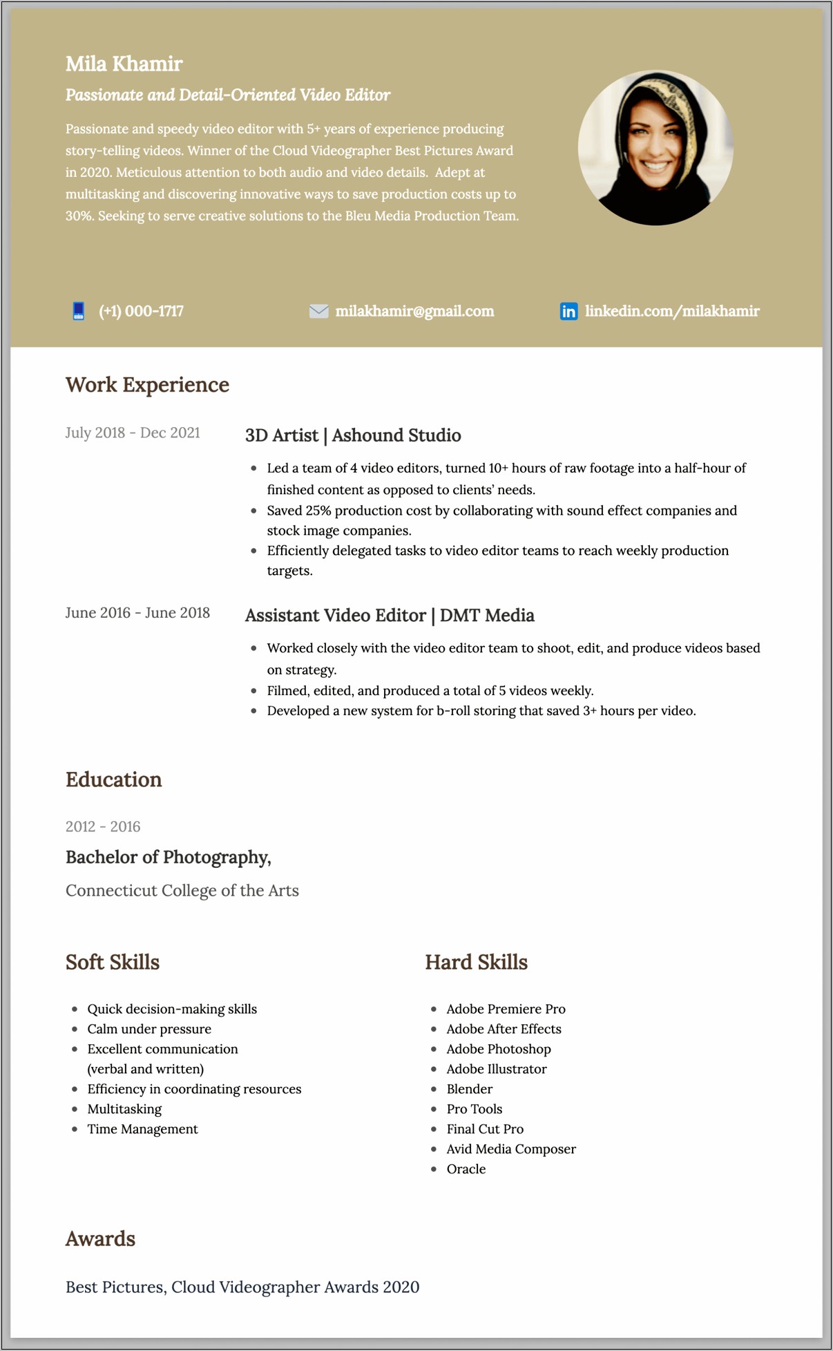 Photography Studio Assistant Resume Sample
