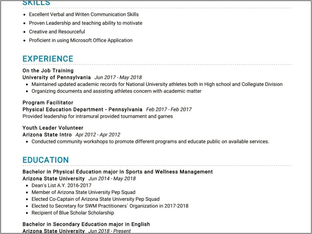 Physical Education Professional Objective Resume