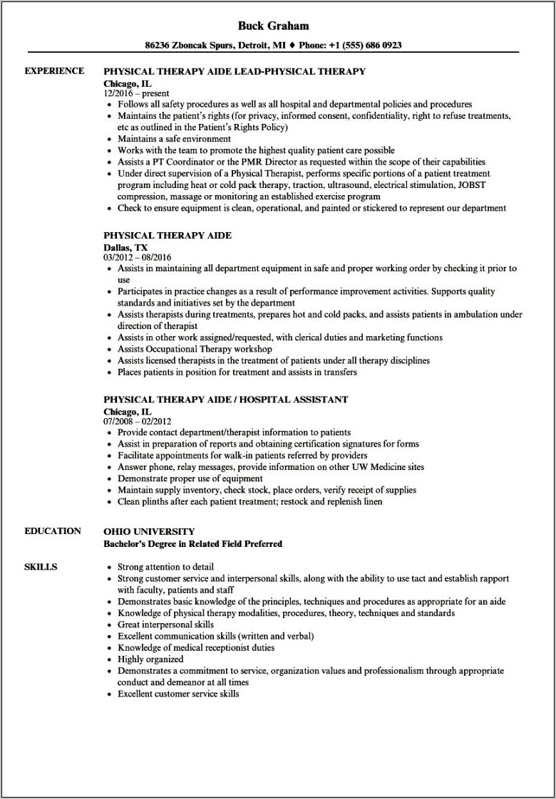 Physical Therapy Assistant Resume Skills