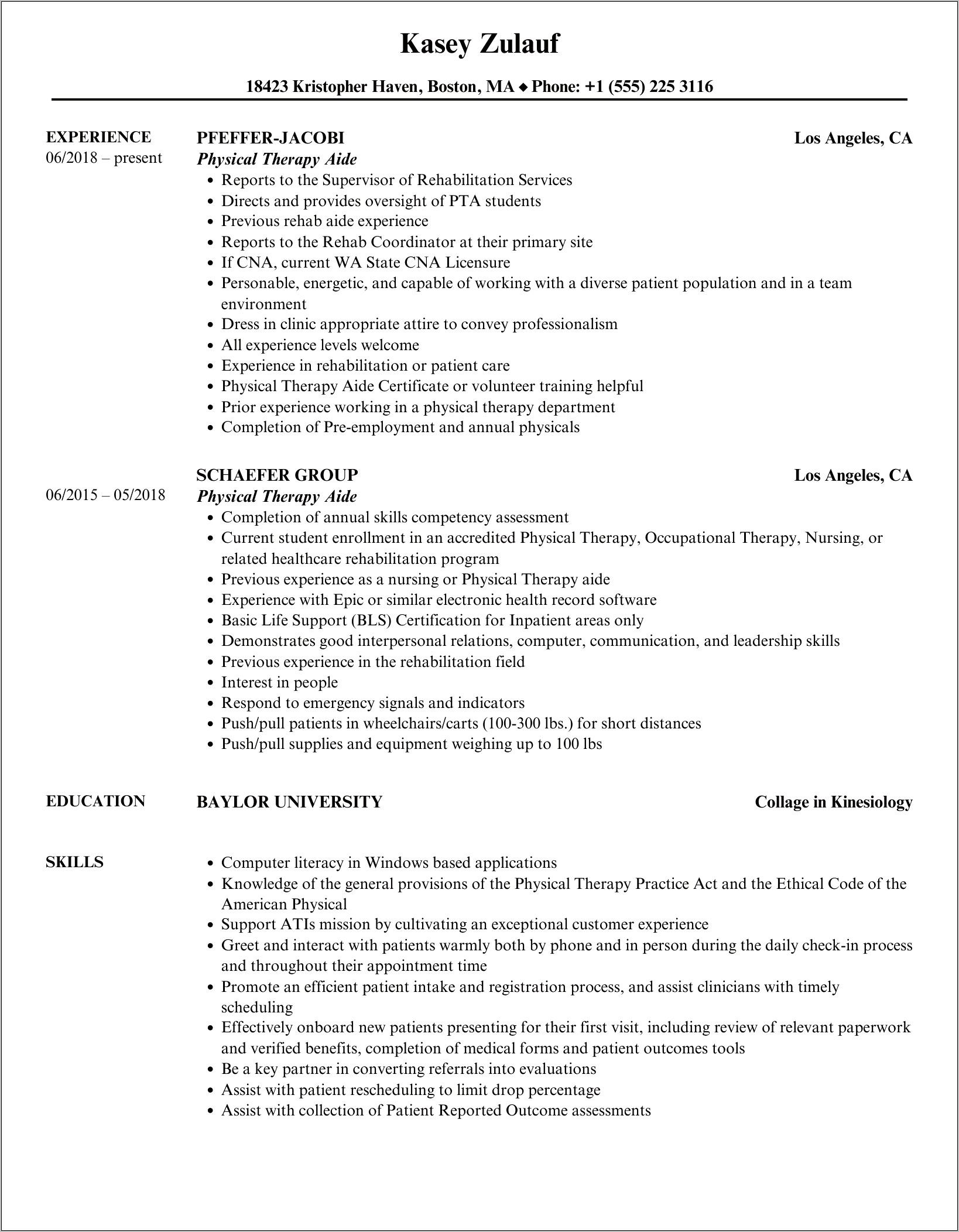Physical Therapy Tech Resume Objective