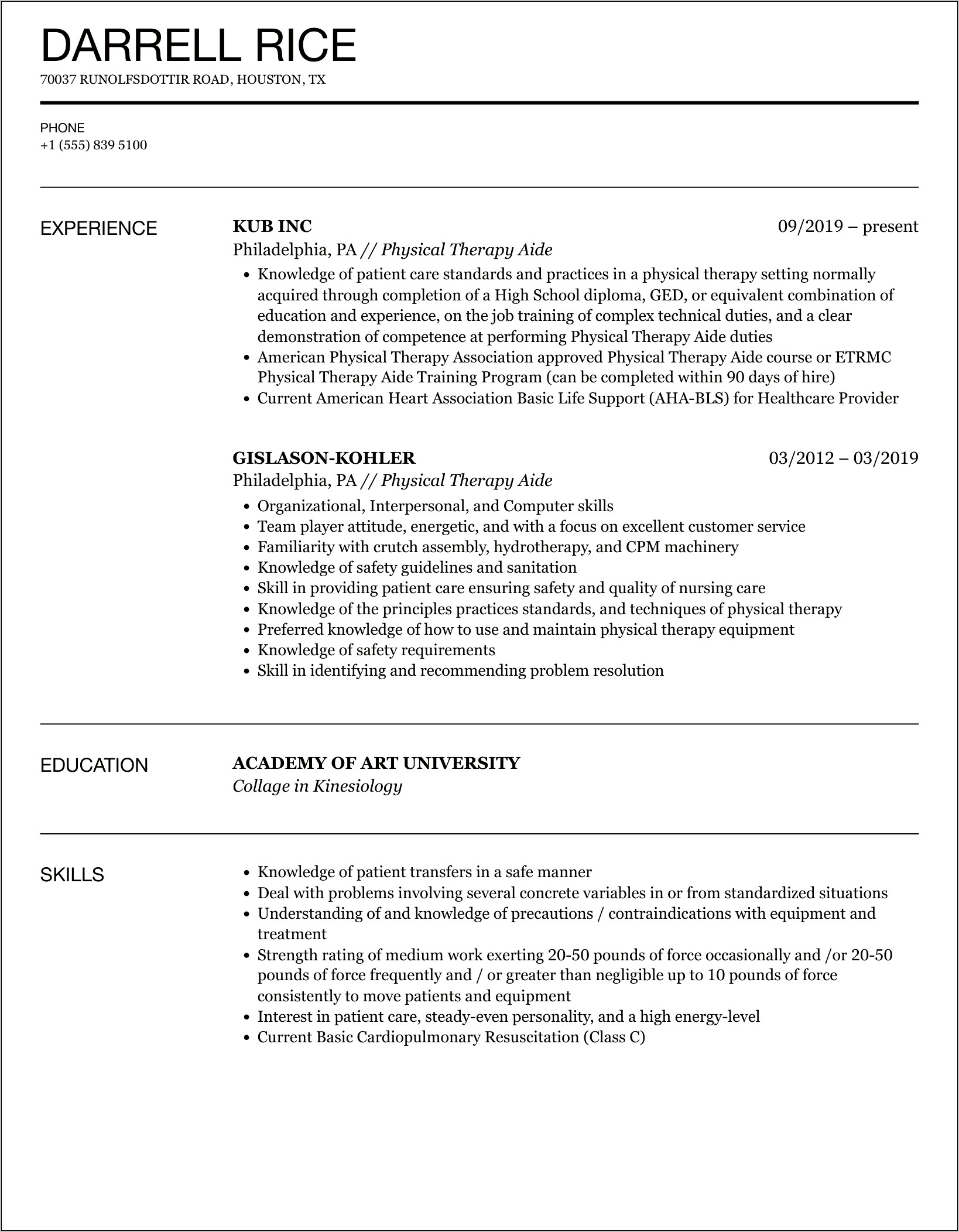 Physical Therapy Technician Resume Examples
