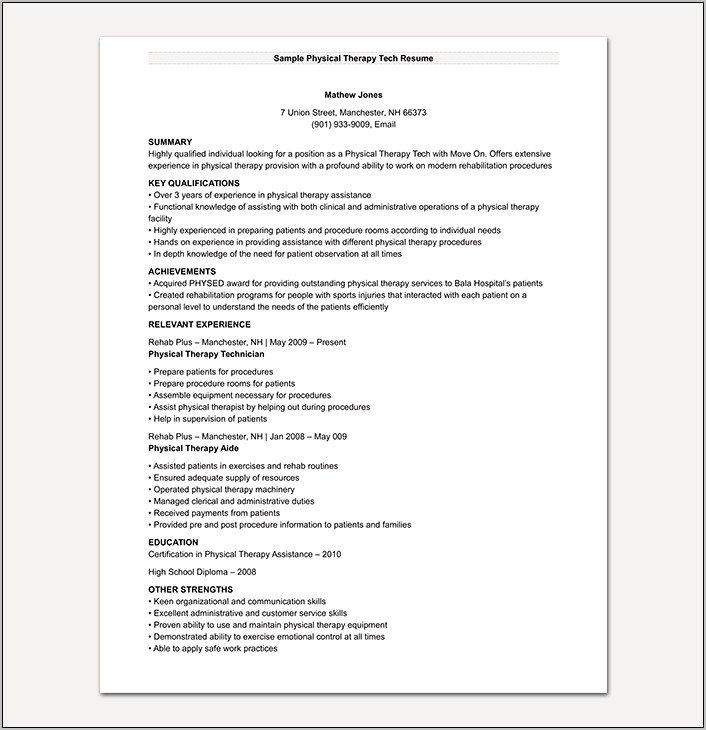 Physical Therapy Technician Resume Skills