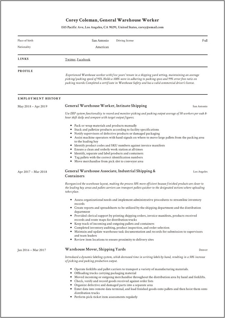 Pick Packing Experience Job Resume