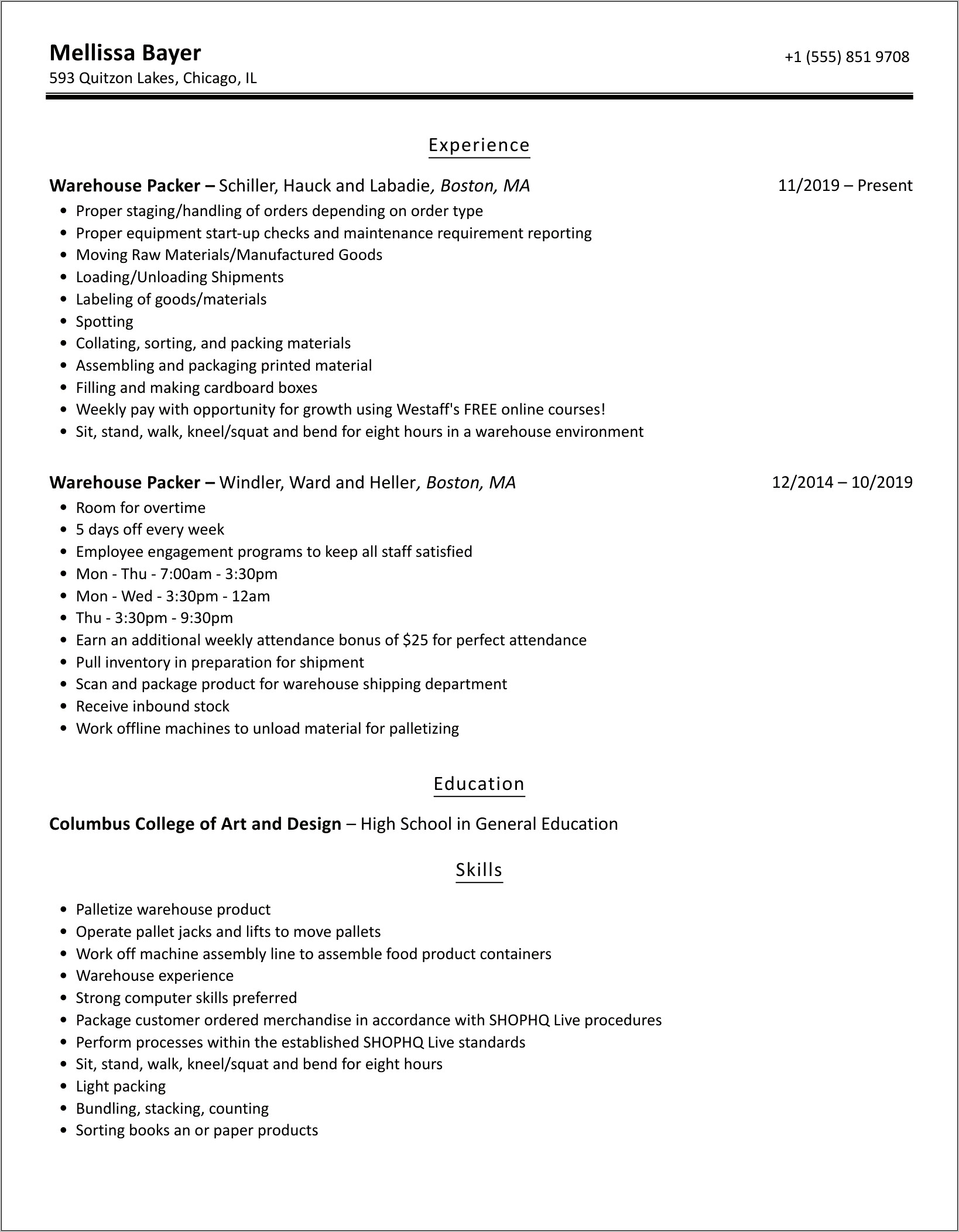 Picker And Pacler Resume Sample