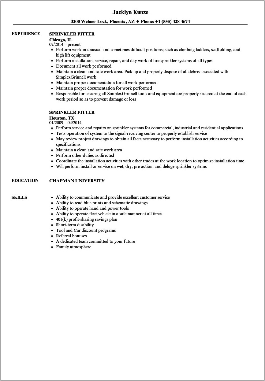 Pipe Fitting Foreman Resume Examples