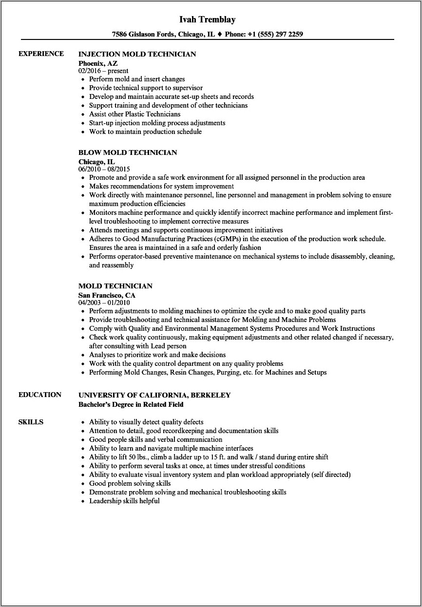 Plastic Injection Molding Resume Example