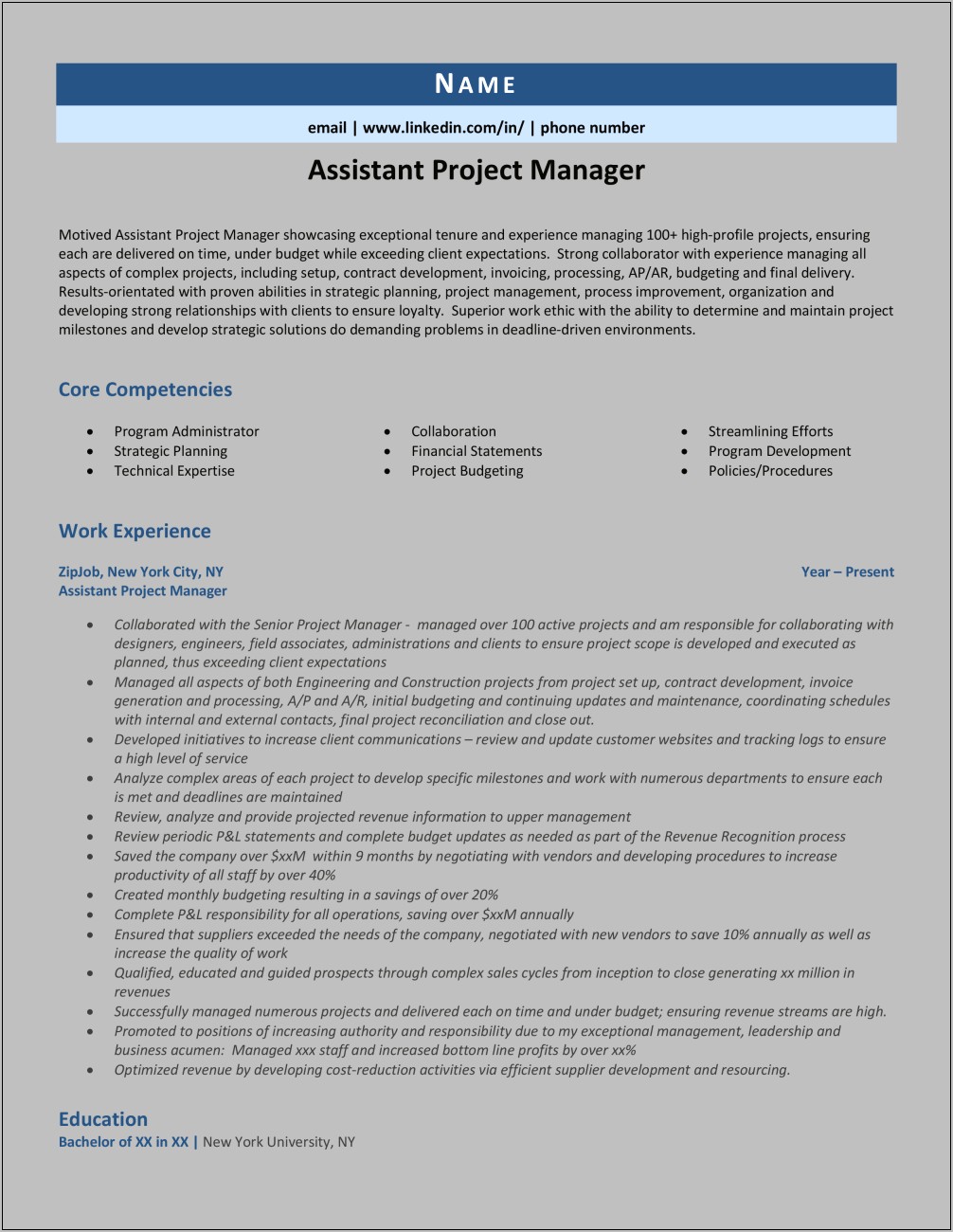 Plumbing Assistant Project Manager Resume
