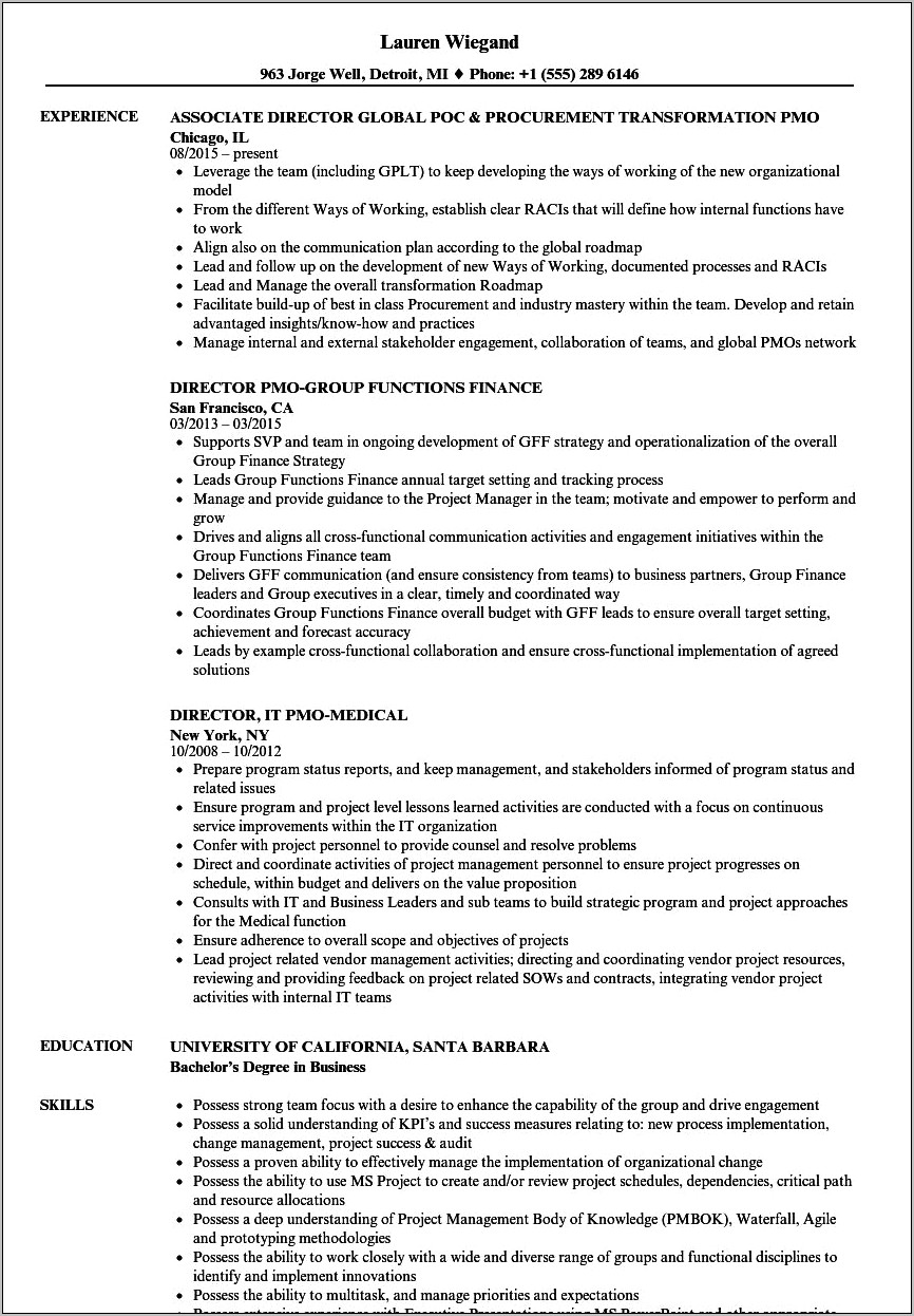 Pmo Project Management Sample Resume