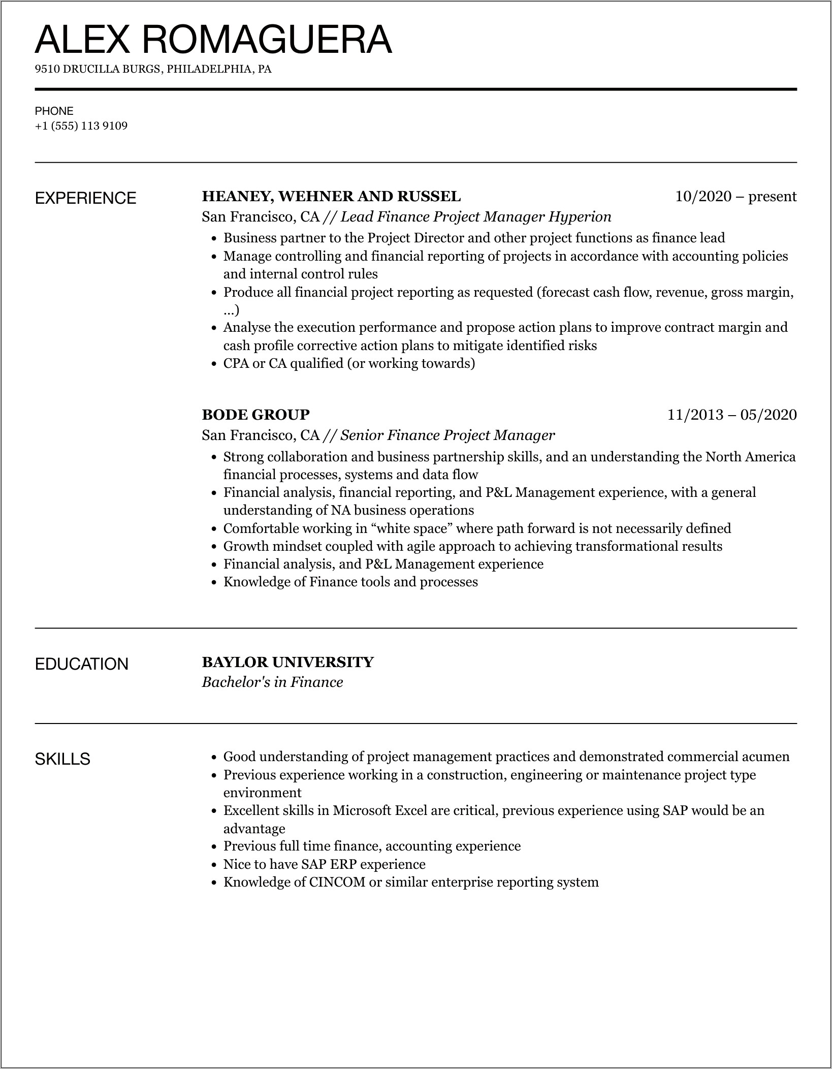 Pmp Finance Project Manager Resume