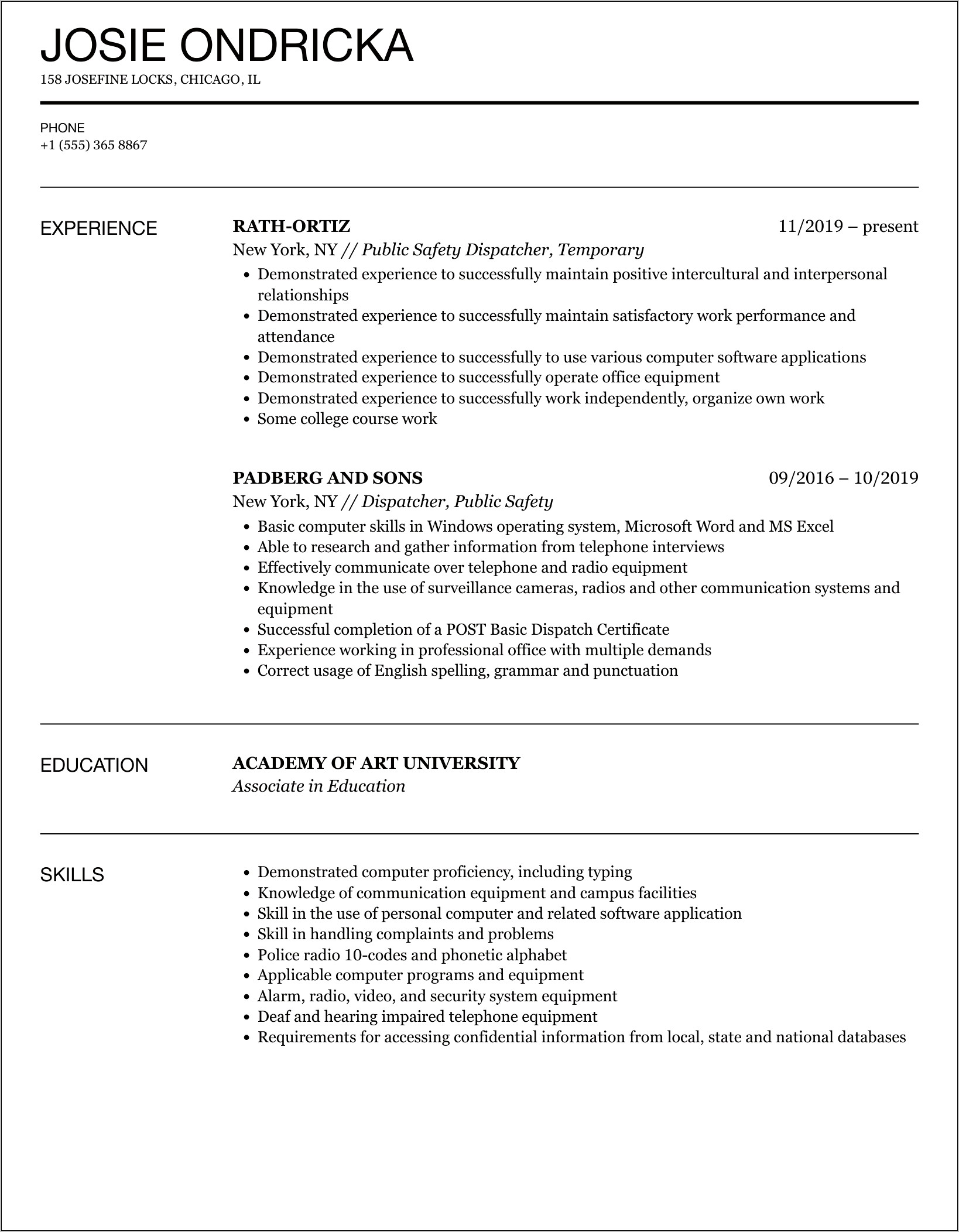 Police Services Dispatcher Resume Examples
