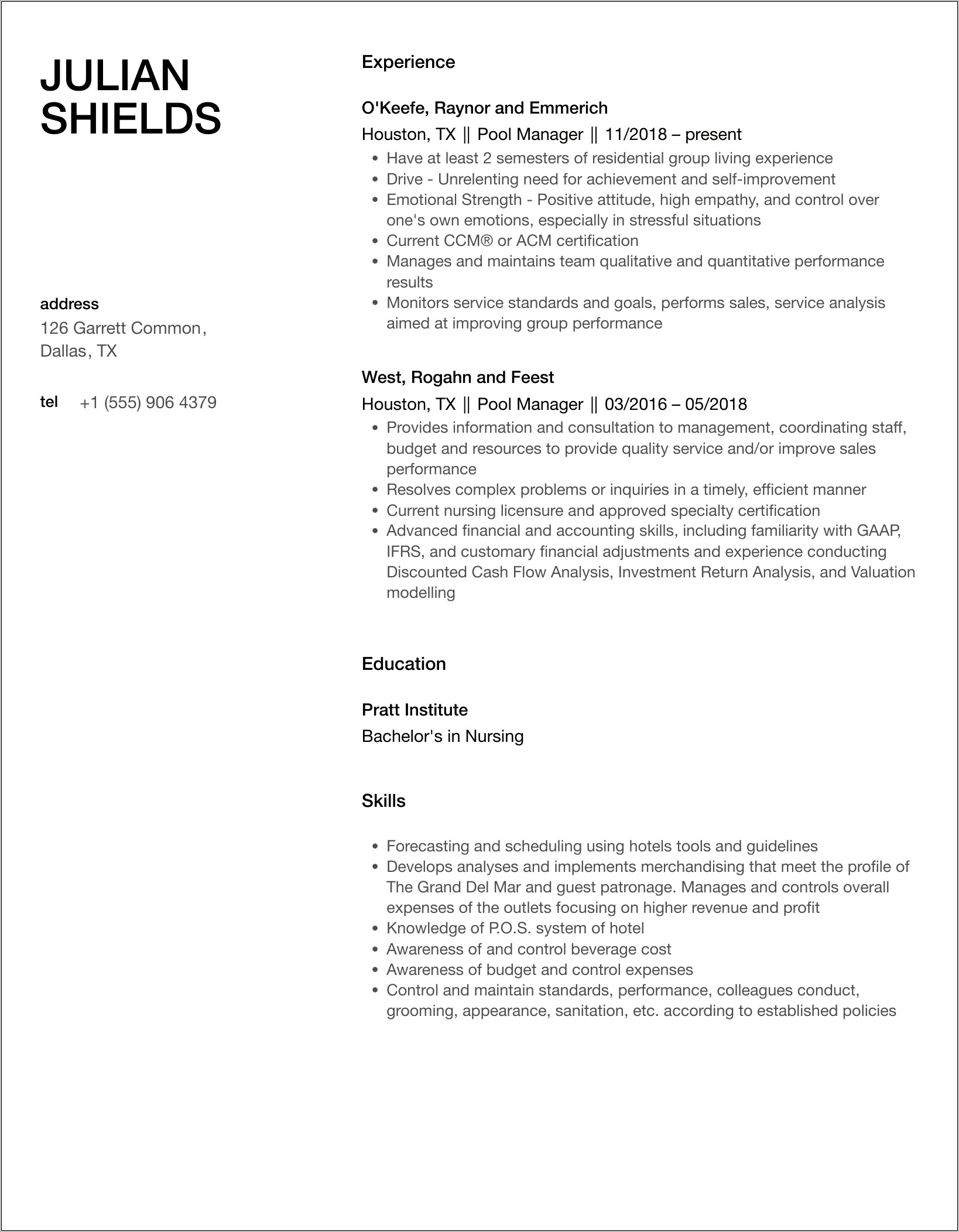 Pool Manager Responsibilities For Resume