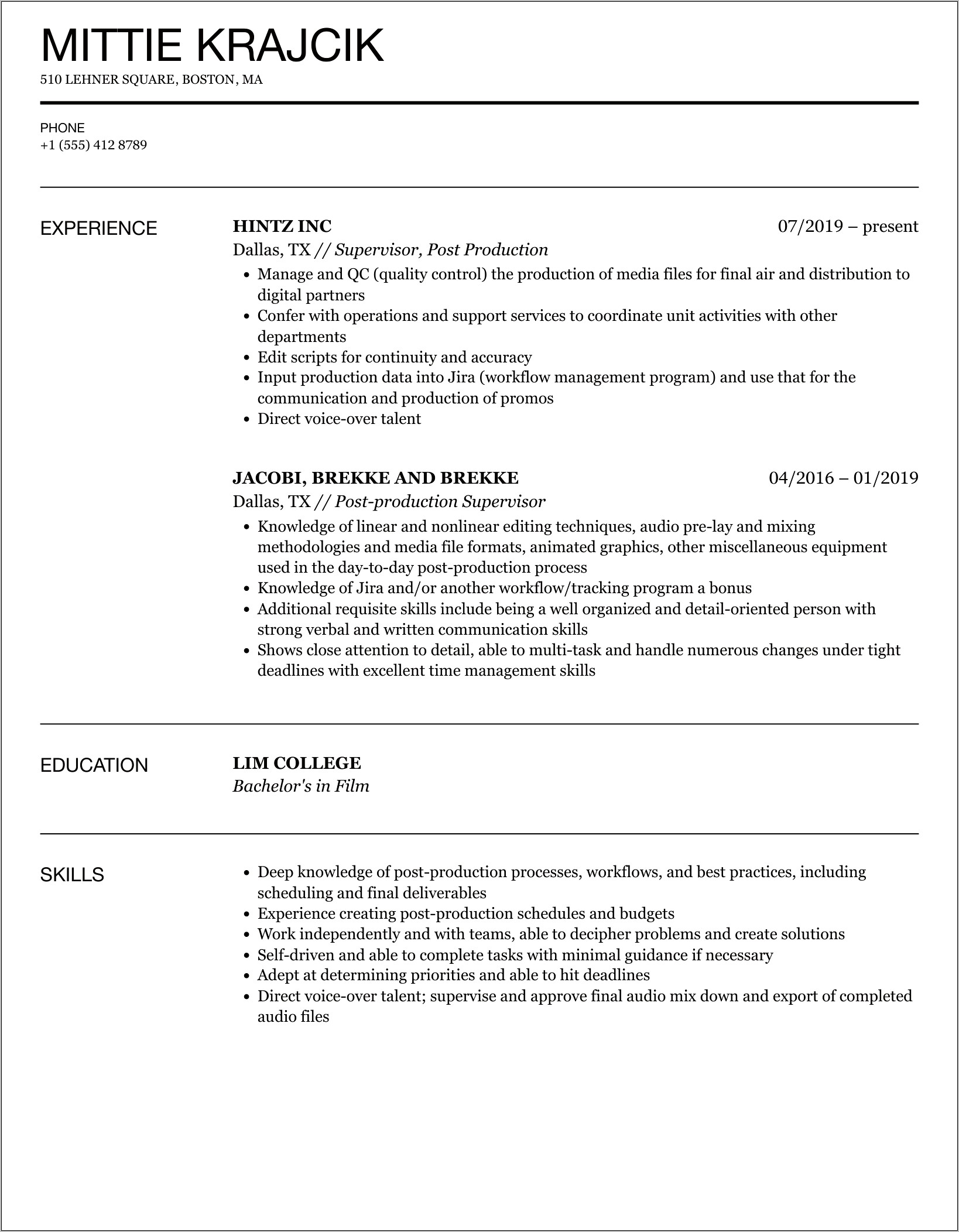 Post Production Media Manager Resume