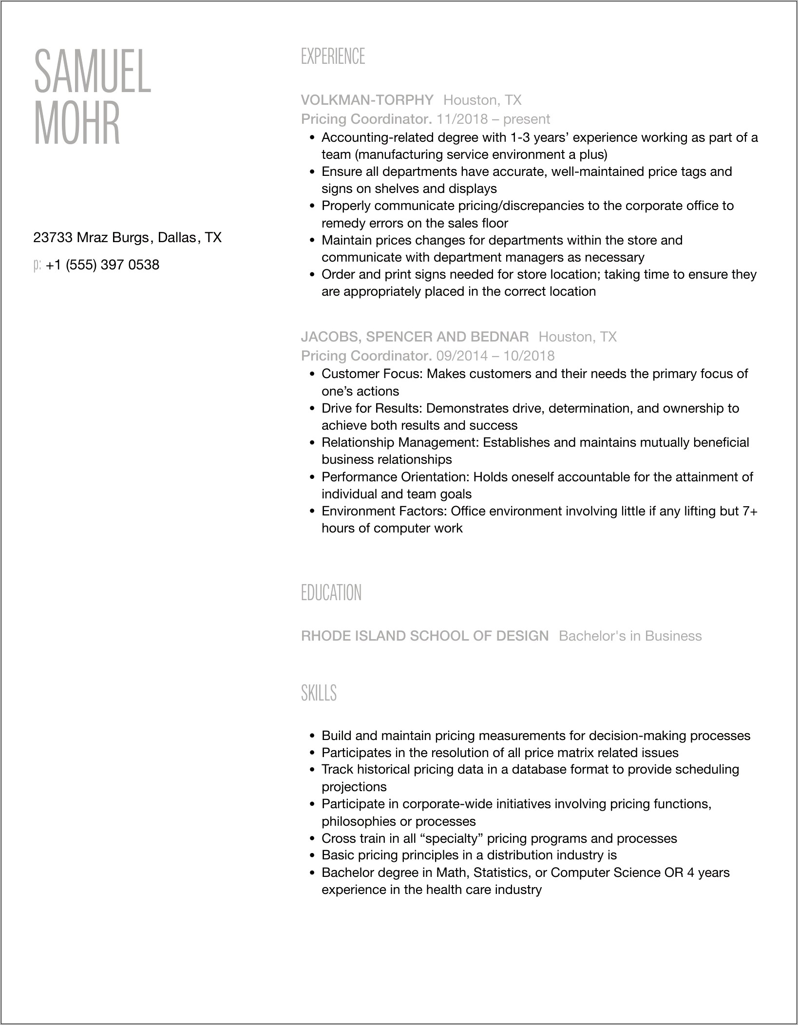 Pricing Coordinator Job Description Resume