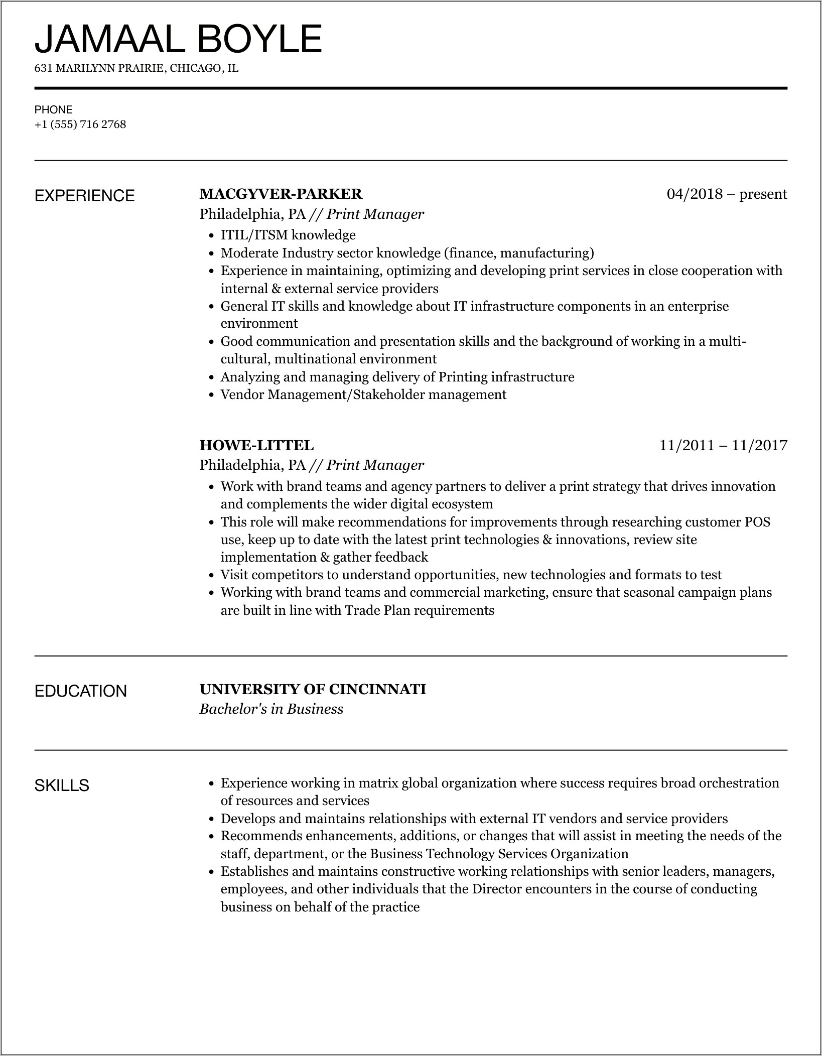 Print Production Manager Resume Examples