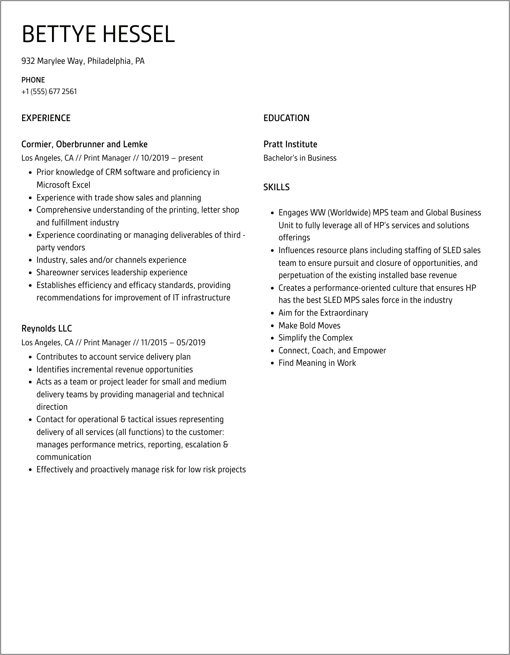 Printing Managment Objective On Resume