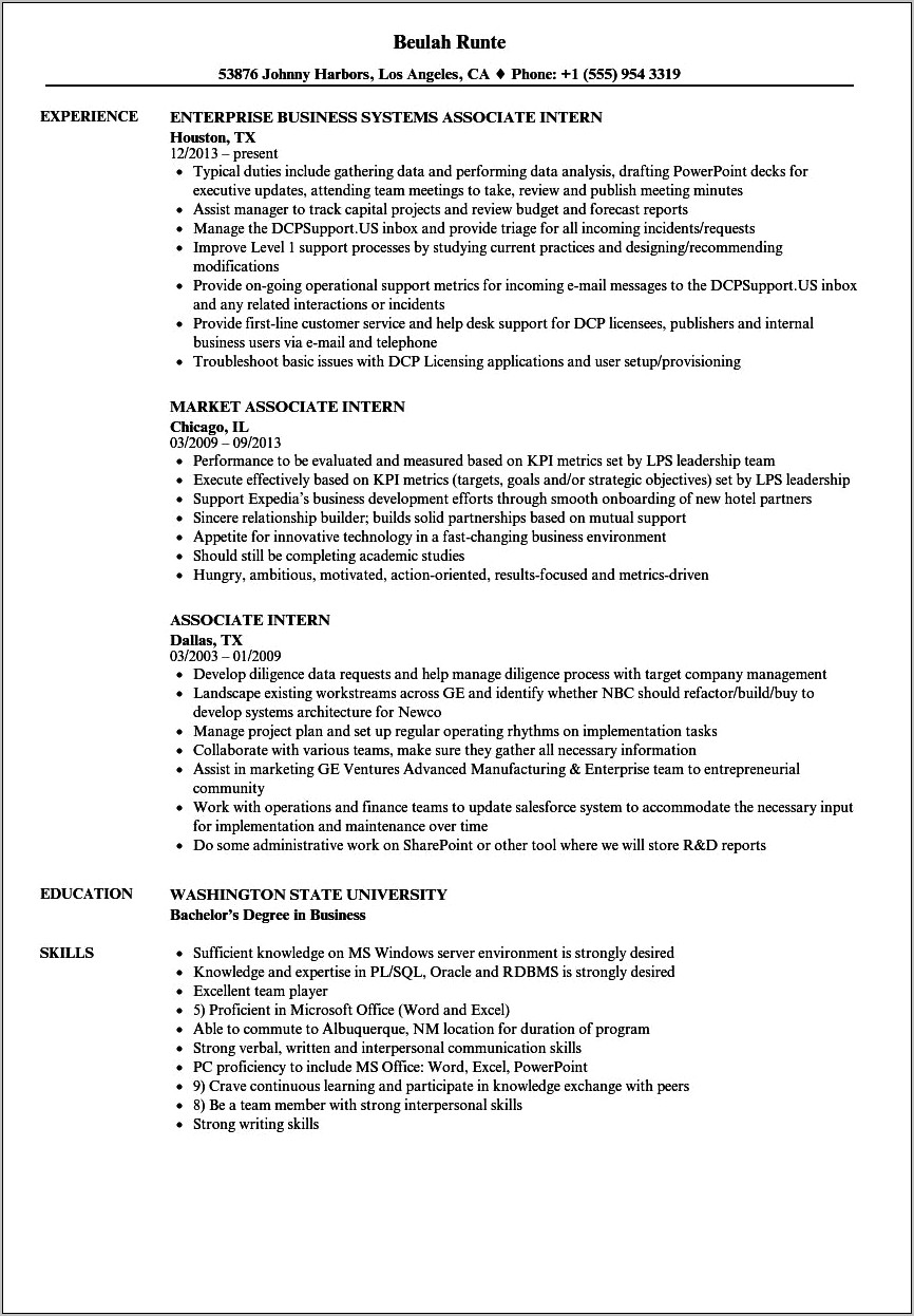 Private Equity Intern Resume Sample