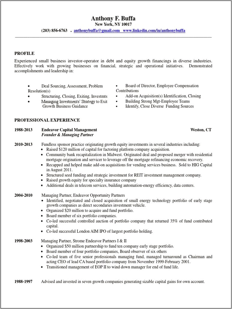 Private Equity Managing Director Resume