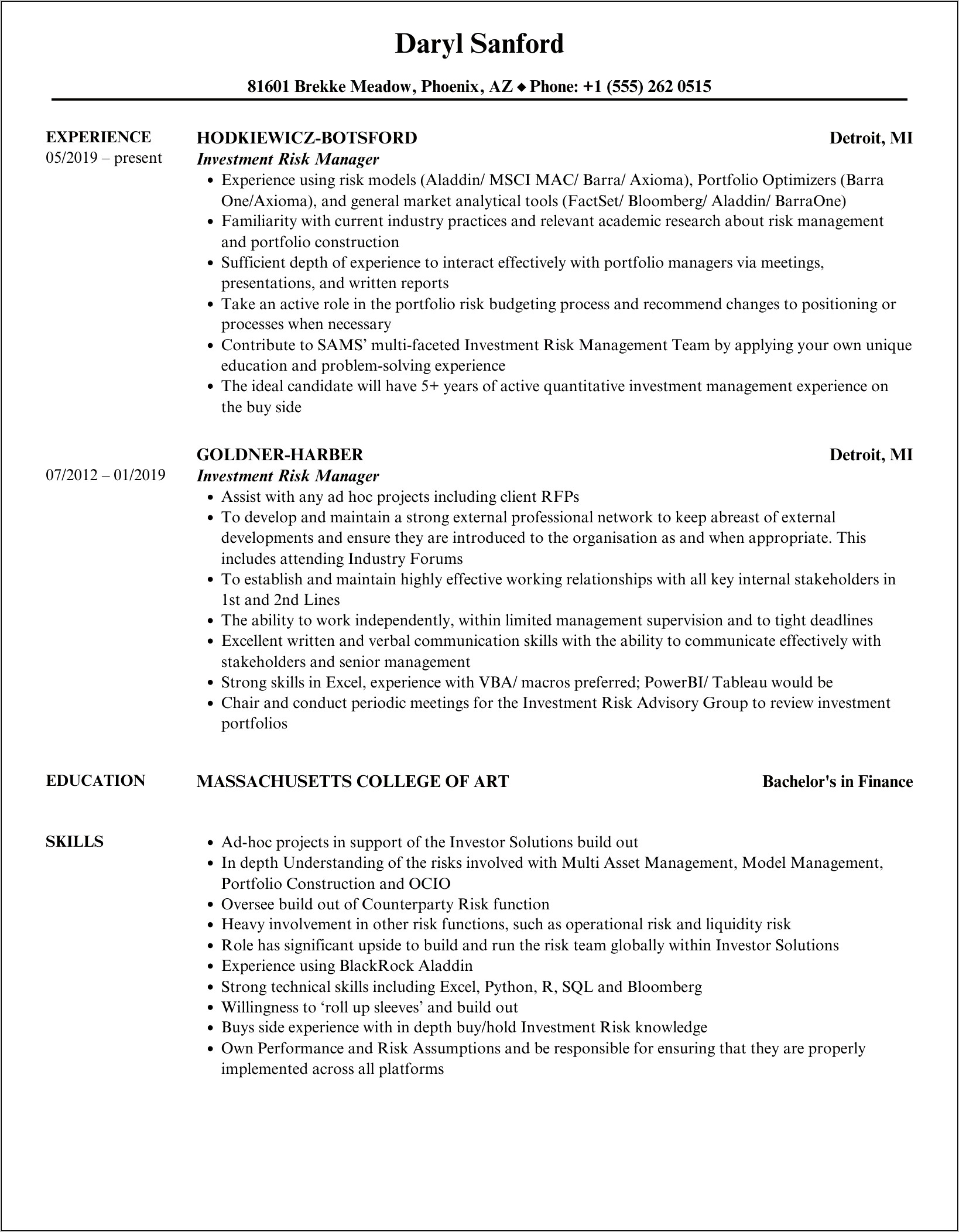 Private Equity Risk Management Resume